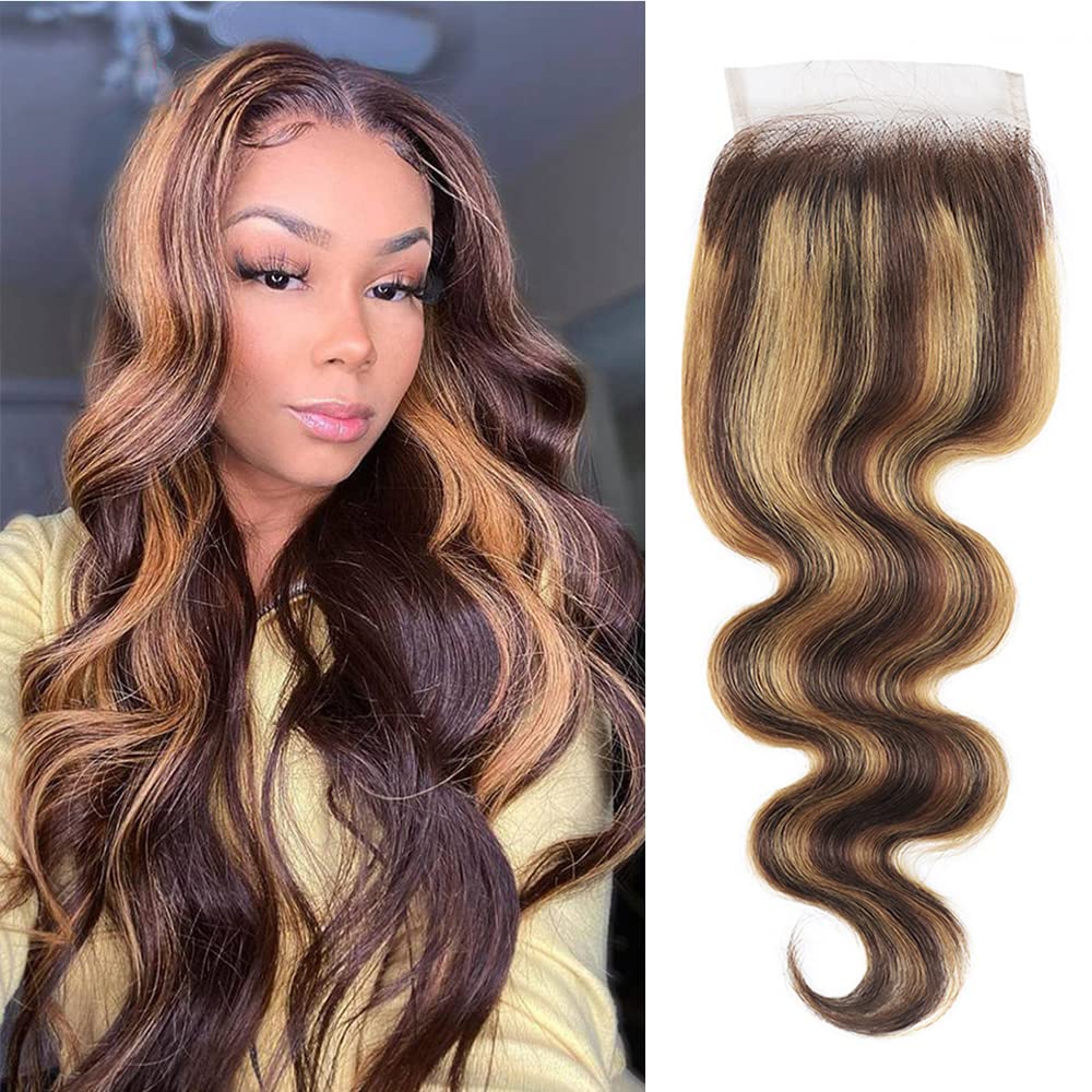4/27 Ombre Lace Closure Only Body Wave Two Tone Brown To Honey Blonde Human Hair Highlight Lace Closure Brazilian Virgin Hair Real Remy Human Hair Pre