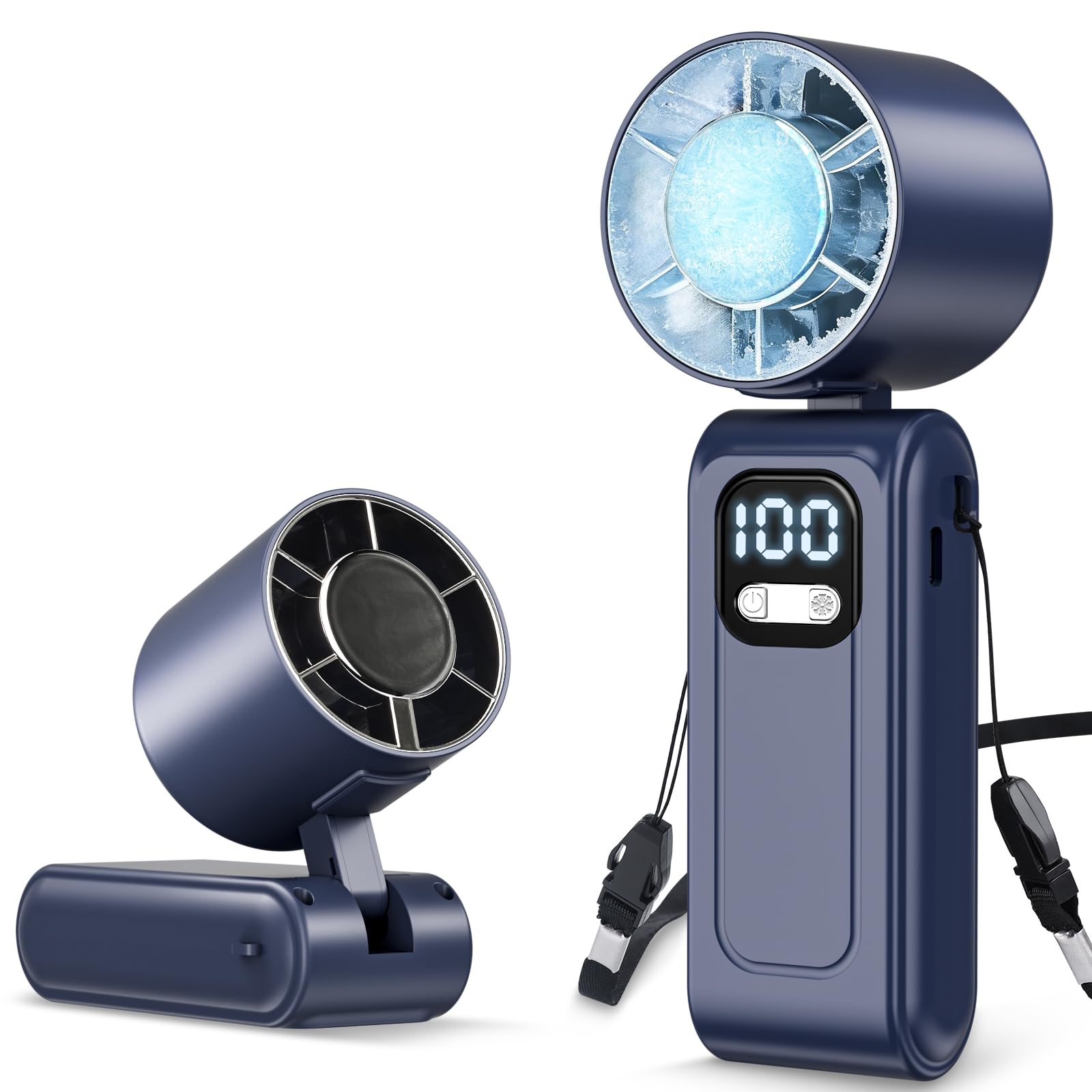 Wudyfei Portable Handheld Fan with Ice Cooler, High-Speed Turbo Hand Fan, 5000mAh Foldable Mini Personal Fan with Stepless Speed Control, LED Display, Powerful Battery Fan for Outdoor Travel Summer