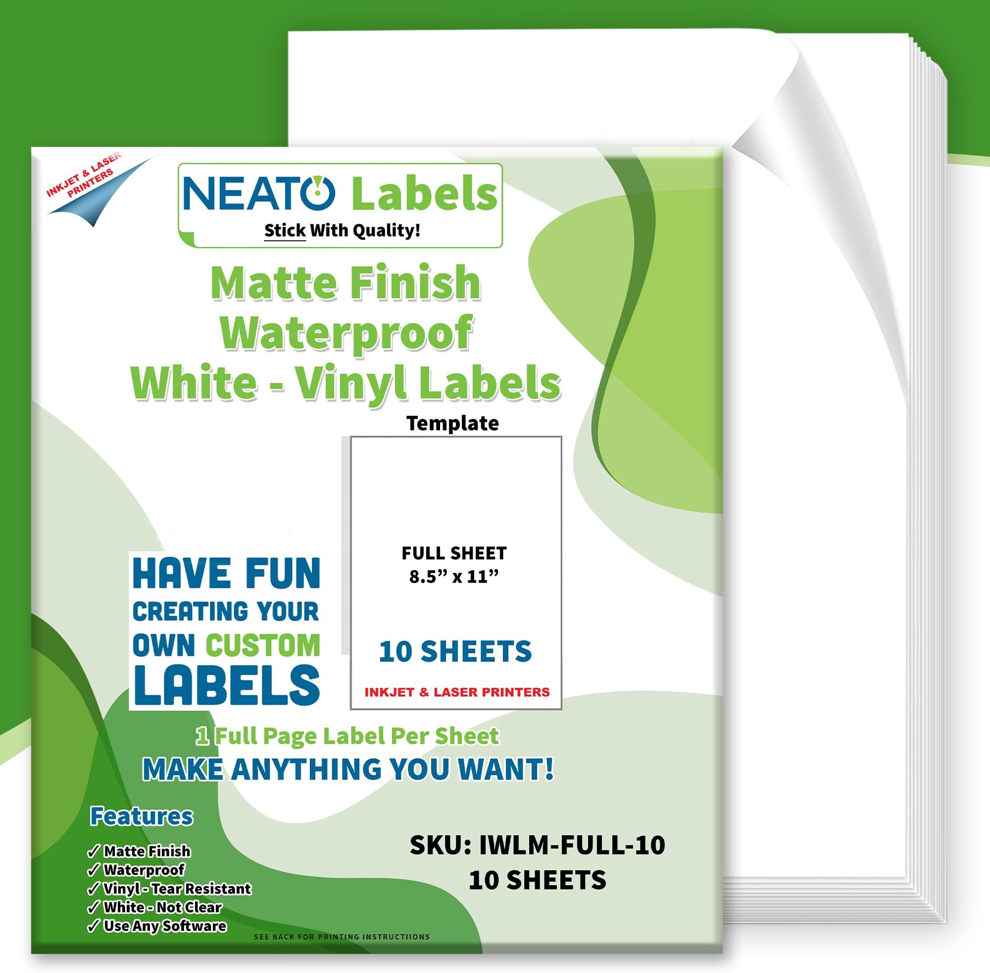 Custom Printable Matte Vinyl Stickers (8.5" x 11") - Waterproof, Tear Resistant Full Sheet Label for Inkjet & Laser Printers & All Cutting Machines - Customizable Blank White Stickers - Pack of 10