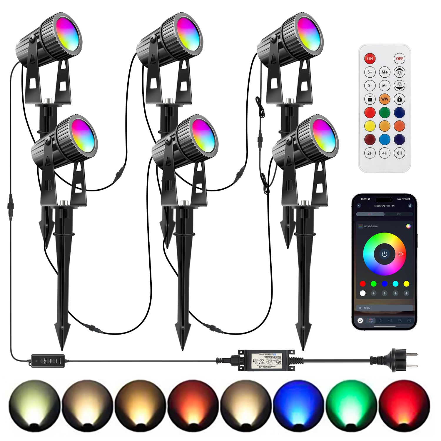 6 Focos LED RGBW de Jardín con Temporizador Bluetooth APP, Luces para Jardin, RGB+Blanco Cálido con Clavija de Tierra IP65 Impermeable 24V para Exterior