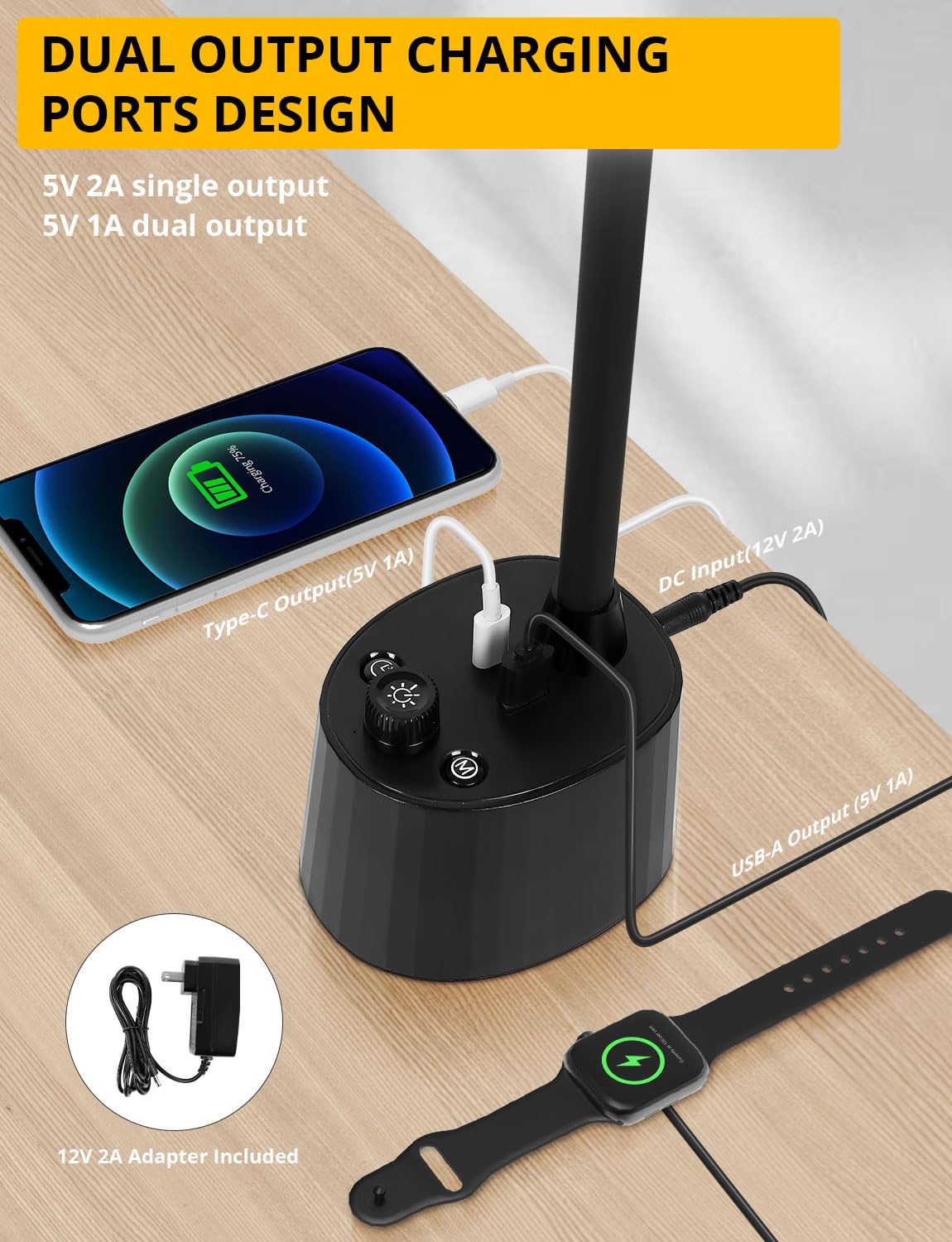 Woputne Desk Lamp with Dual Head, Super Wide & Bright, 5 Color Modes x Stepless Dimming, Dual USB Charging Port - Image 3