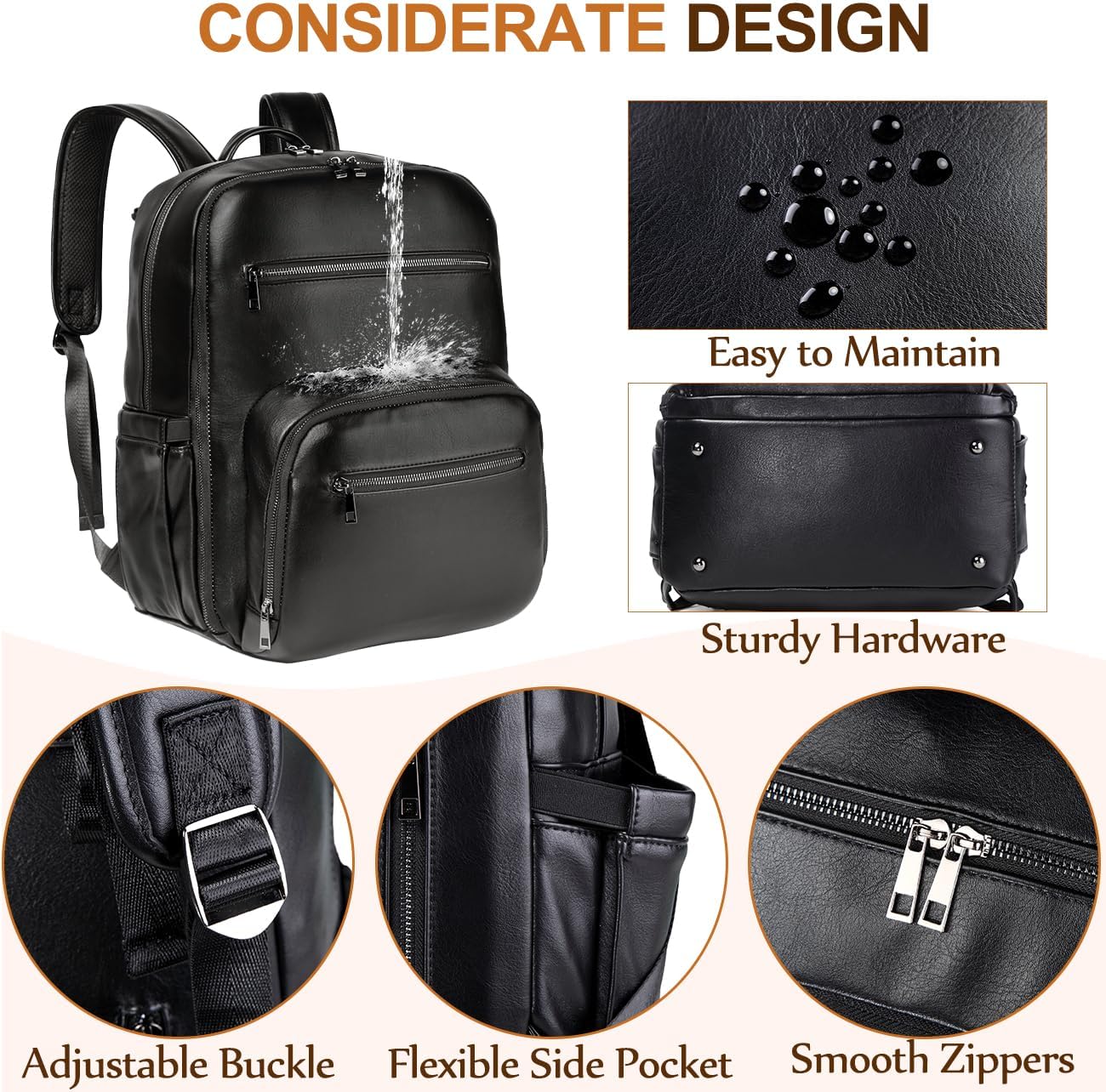 VASCHY Diaper Bag Backpack for Mum Dad, Unisex Large Waterproof Vegan Leather Baby Bag with Changing Pad,Insulated Pockets,Padded Laptop Sleeve for Travel,Black