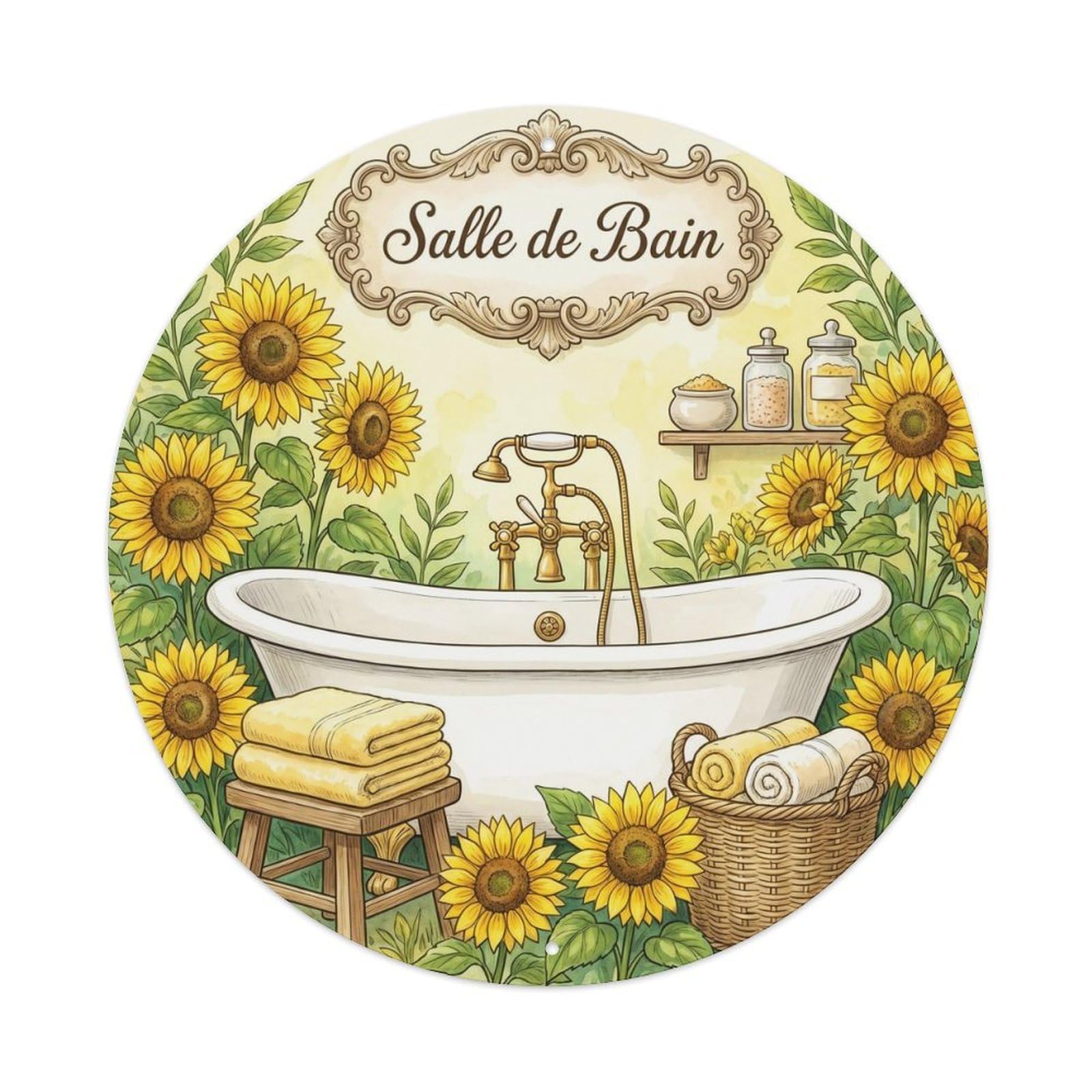 Yrnq Vintage Style Bathroom Sunflower Vintage Decor Vintage Metal Tin Sign Plaque Wall Decor For Cafe, Club, Garden Round Metal Poster 8X8inch