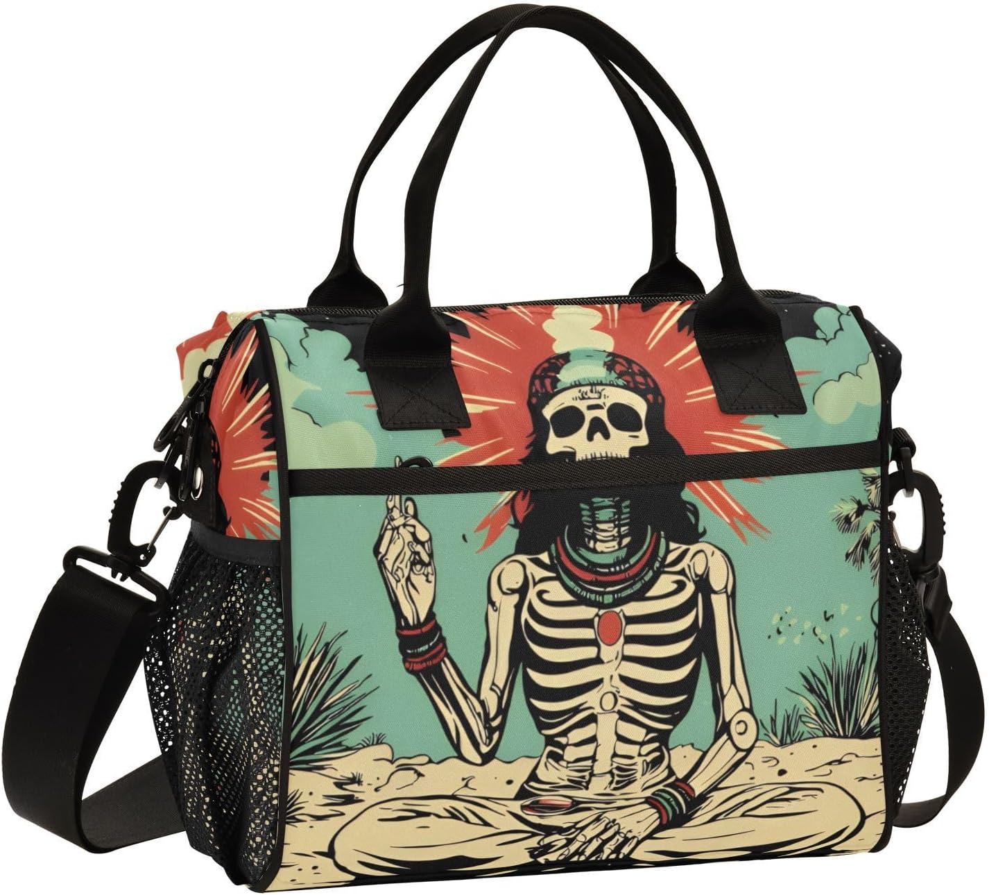 Meditating Skull Desert Insulated Lunch Bag for Women Men Large Funny Cute Reusable Lunch Box Adult Leakproof Portable Cooler Cooling Tote Bags for Beach Work Picnic Camping