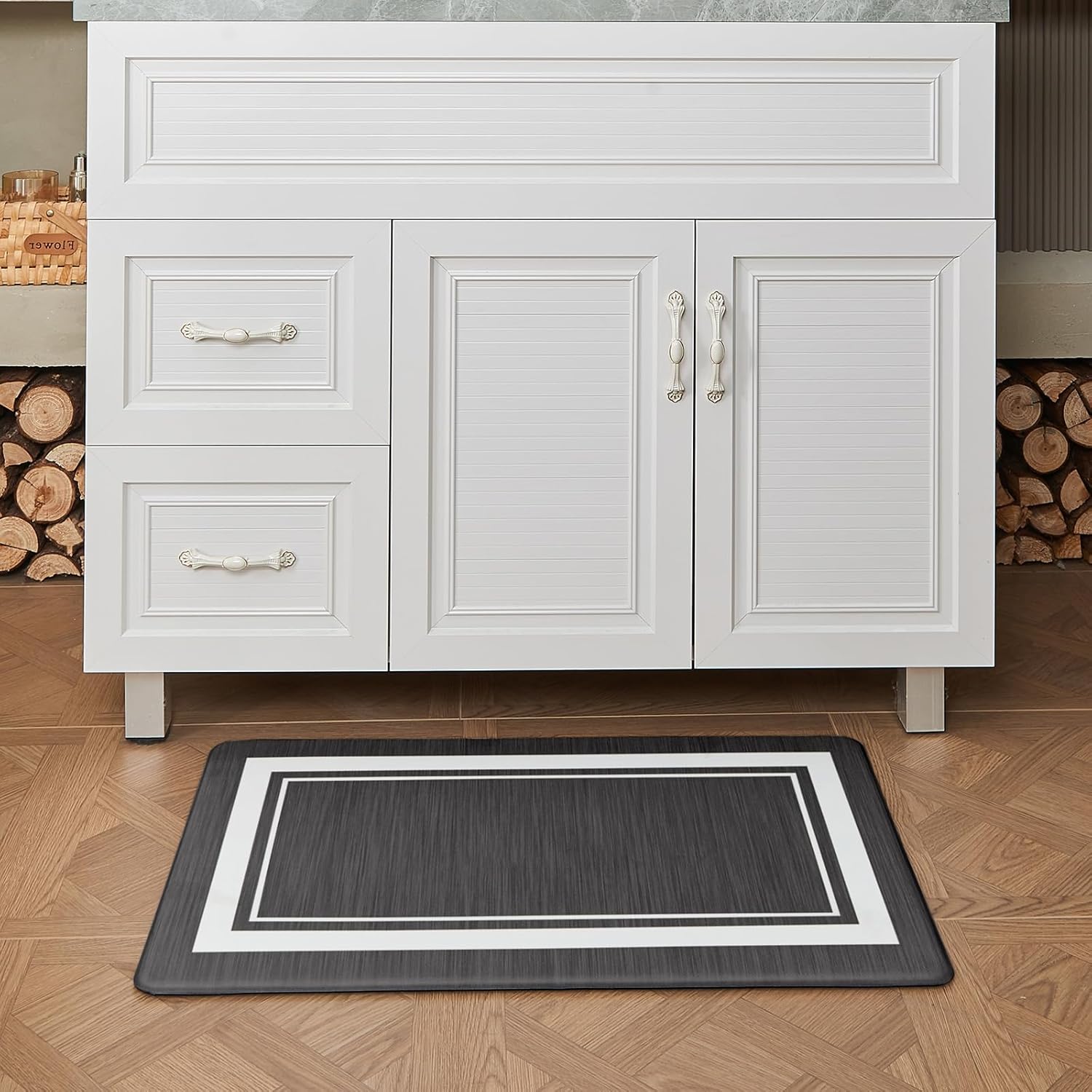 Dark Grey Kitchen Rugs Set of 2, Anti Fatigue Mats for Kitchen Floor, Waterproof Cushioned Rug, Non Slip Washable Memory Foam Mat for Standing, Sink, Stove, Charcoal Grey and White Border - Image 2