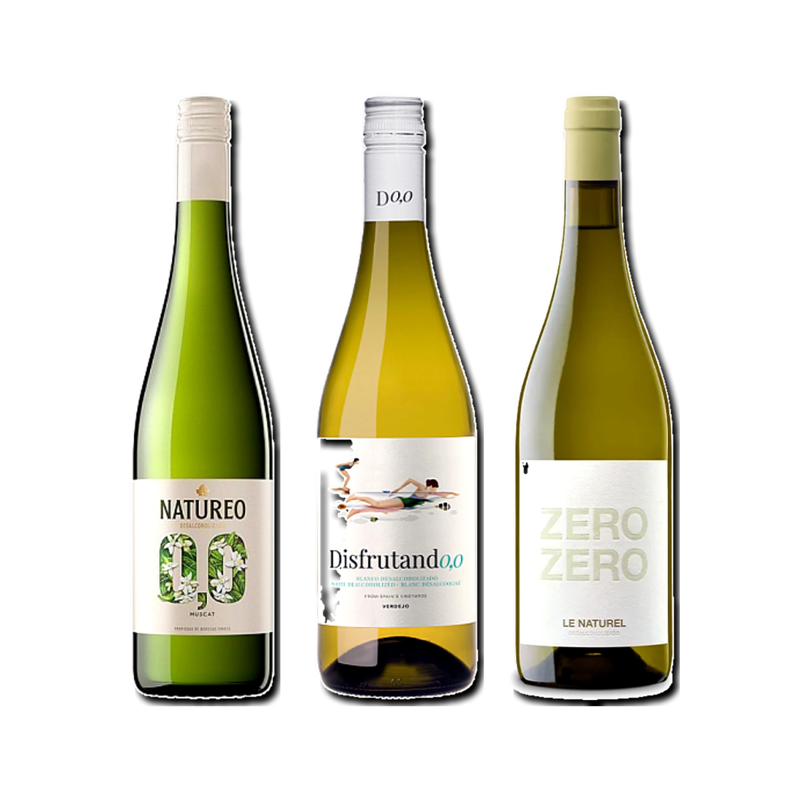 vino sin alcohol 0,0 Natureo Blanco Muscat, Disfrutando 0,0 Blanco y Zero Zero Le Naturel pack de 3 botellas 75cl
