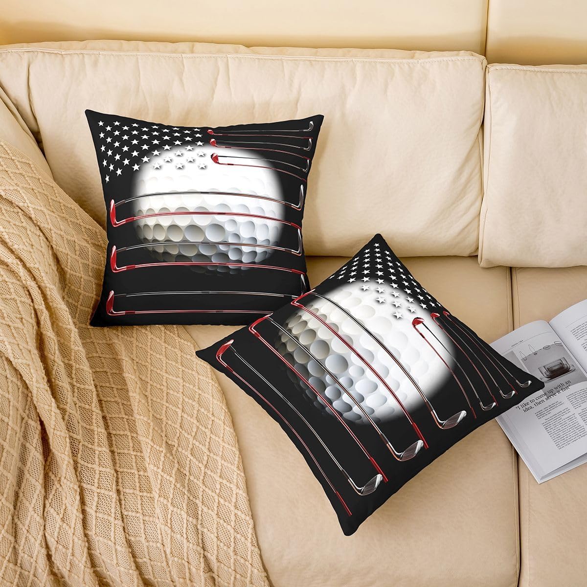 Erosebridal Pack of 4 Golf Pillow Covers for Men, American Flag Throw Pillow Covers 18x18 Inch Golf Shape Pattern Cushion Covers, Sports Games Stars Stripes Golf Decorative Pillow Covers, Black Red