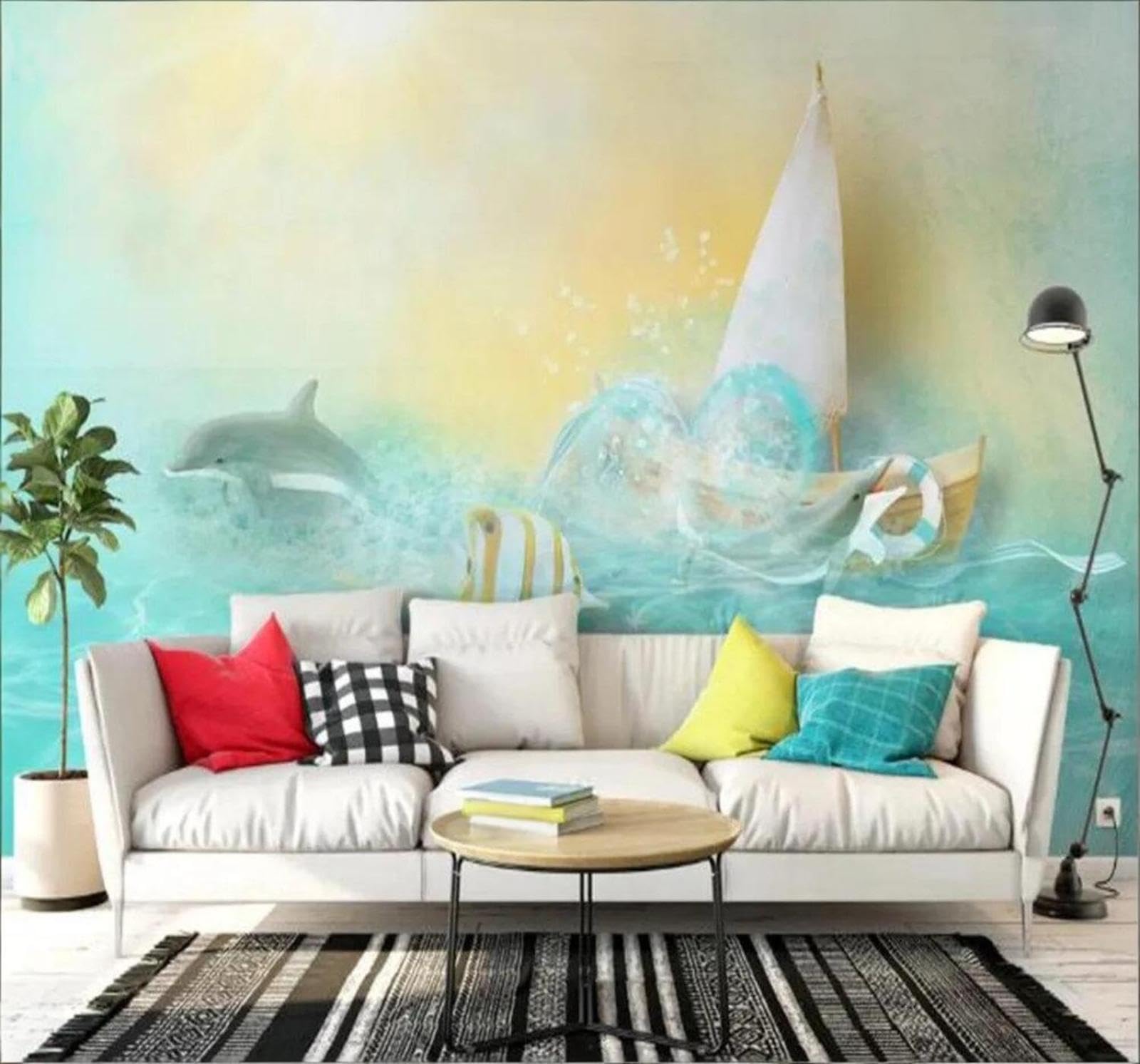 Xlming 350Cm×256Cm(B×H) Creative Blue Ocean Dolphin Sailboat 3D Wallpaper Premium Textured Silk Study Dining Living Room Bedroom Sofa Tv Wall Easy Install-350Cm×256Cm