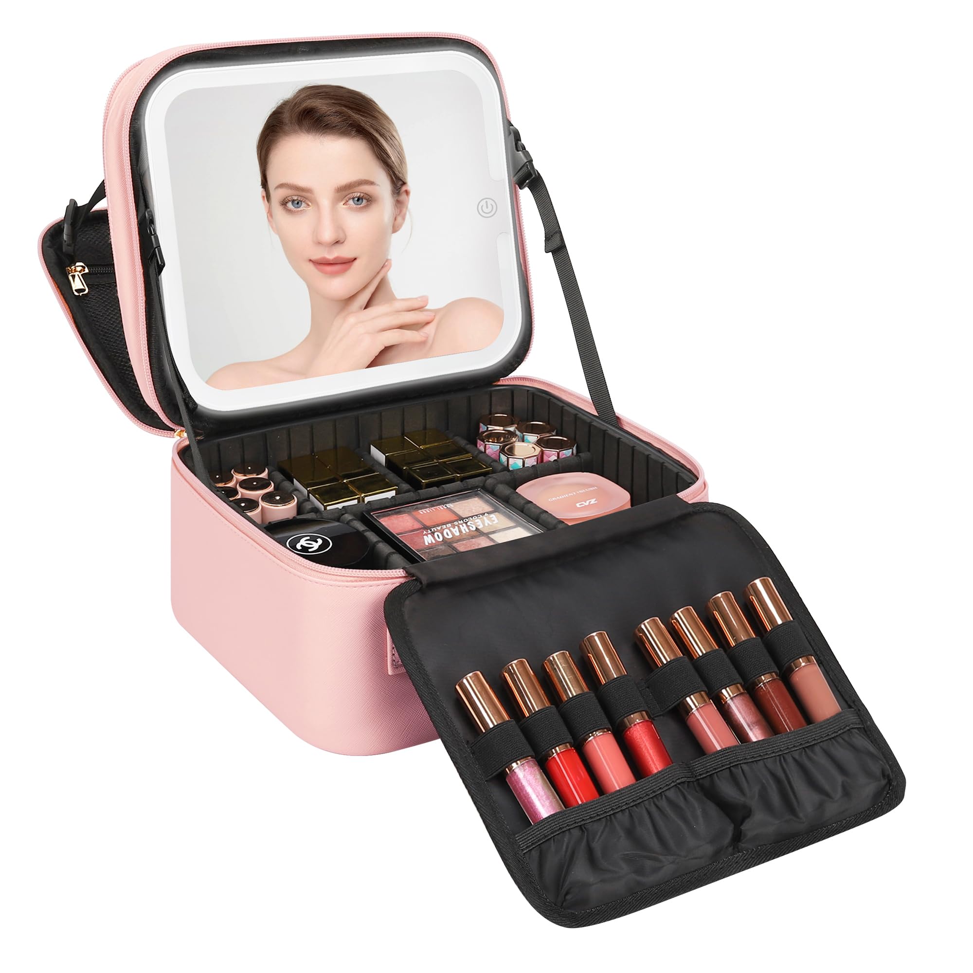 Relavel Travel Makeup Organizer Bag with LED Mirror and Dividers