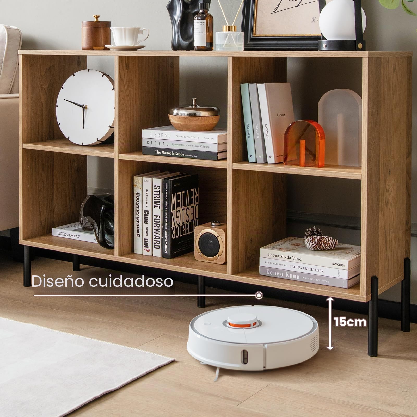 GIANTEX Librería de 3 Niveles, Estantería Abierta de Madera de de 6 Cubos con Patas de Metal, Mueble Independiente con Estante Ajustable para Estudio, Sala de Estar, Oficina en Casa (Natural)