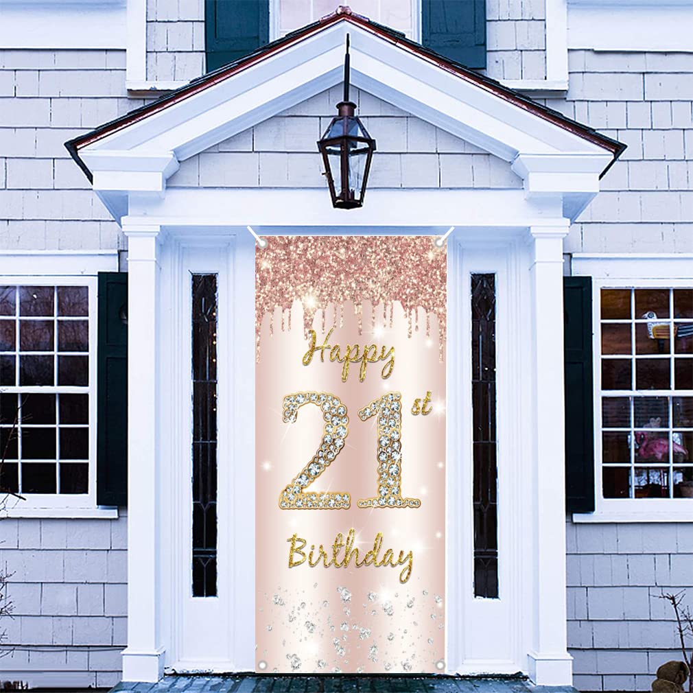 21. urodziny dziewczyna dekoracja, Happy 21st Birthday Door baner różowe złoto, 21. urodziny materiał szyld szyld plakat dekoracja drzwi, 21. urodziny tło baner, przyjęcie urodzinowe tabliczka powitana