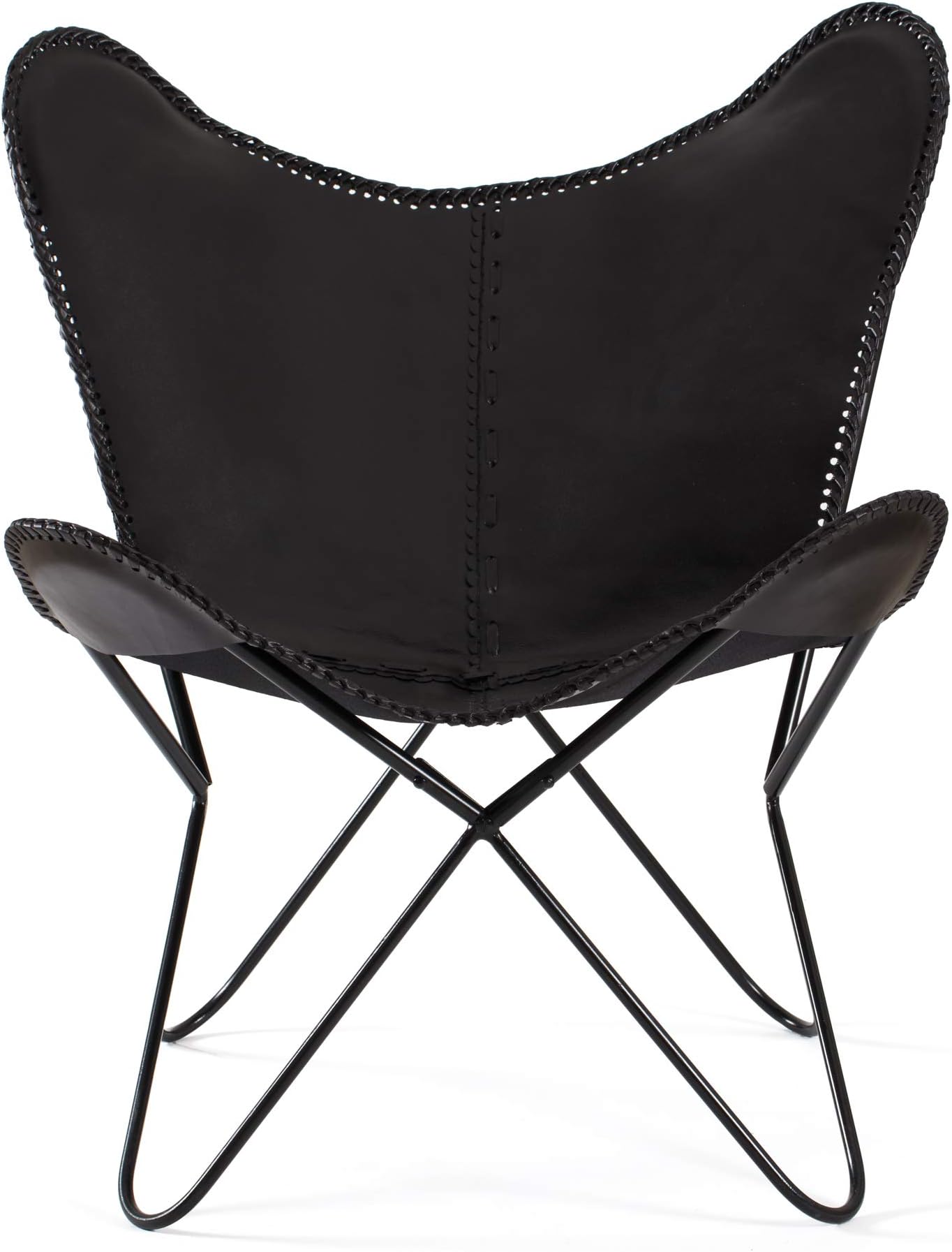 MH London Butterfly Leather I Handmade, Solid Iron Frame Lounge Chair I Comfortable Iconic Recliner I Hand-Stitching Industrial Effect, Black, 75cm