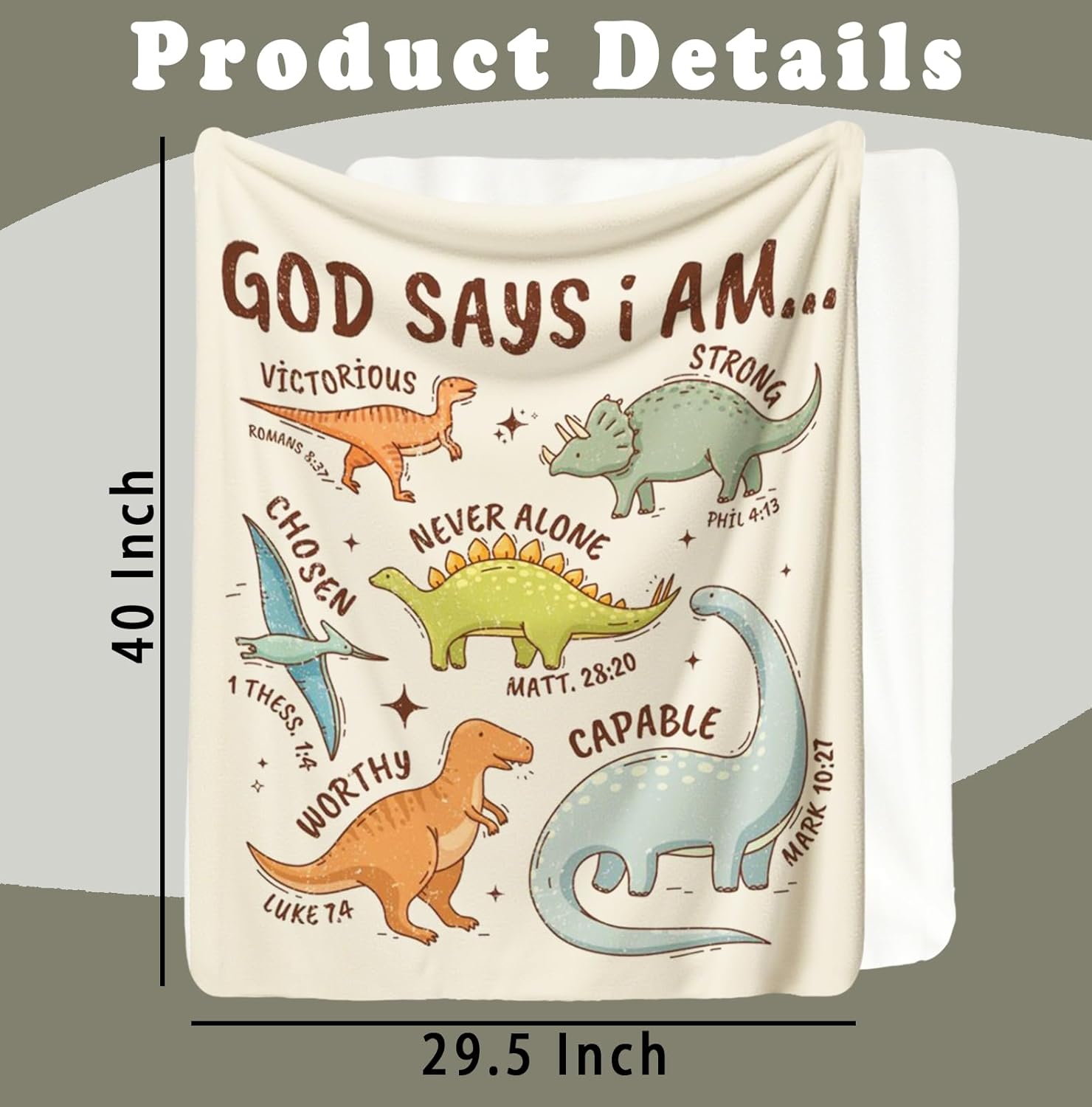 SPBL&L Christian Dinosaur Kids Blanket, God Say I Am Bible Verse Inspirational Dino Throw Blanket Gifts for Kids Boys Nursery Room Bedroom Couch Bed Decor, Dinosaur Room Decor for Boys,29.5x40Inch - Image 7