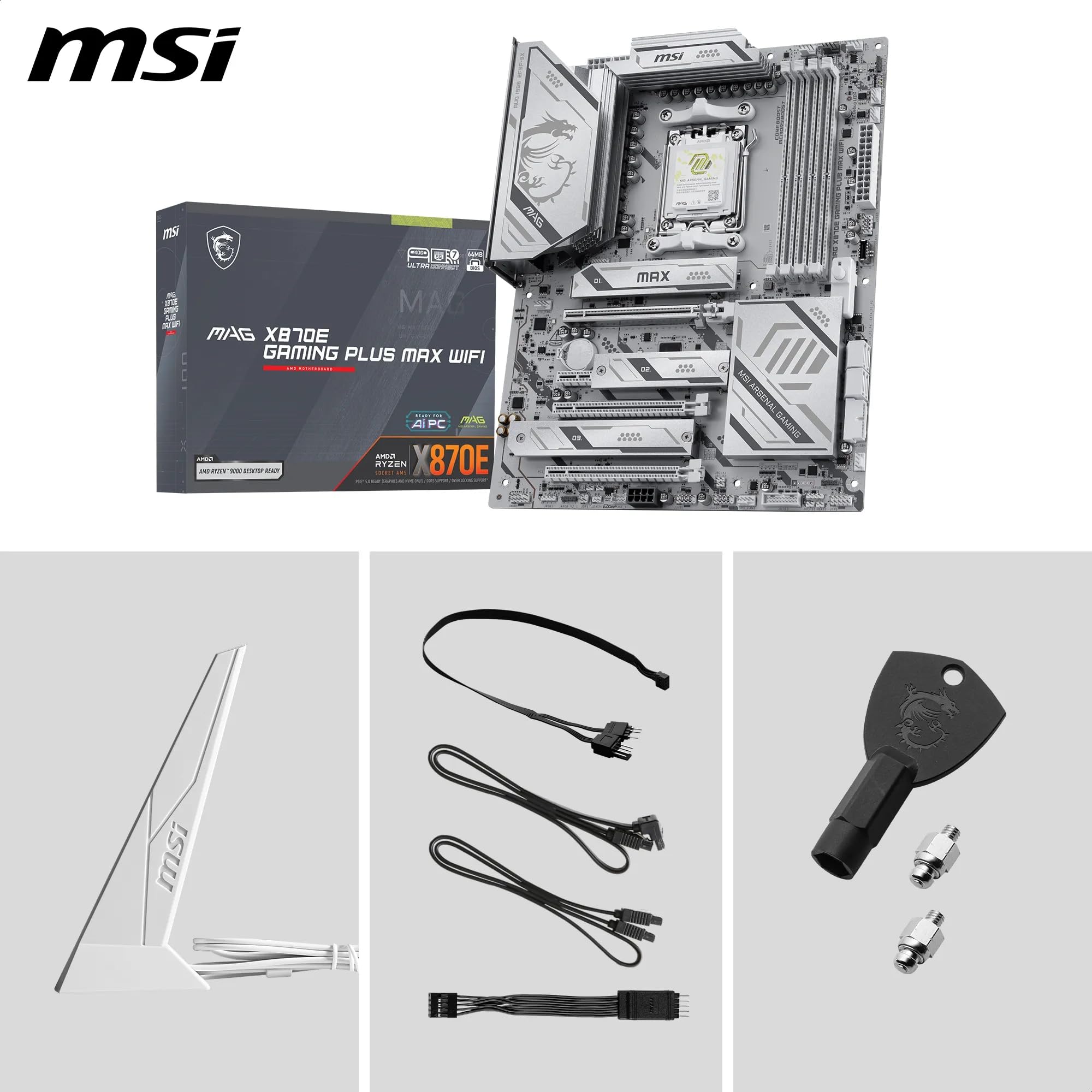 MSI MAG X870E Gaming Plus Max WiFi Carte mère ATX - pour processeurs AMD Ryzen 9000/8000 / 7000, AM5 - VRM SPS 60A, DDR5 Memory Boost (8200+ MT/s OC), PCIe 5.0 x16, M.2 Gen5, Wi-FI 7, 5G LAN