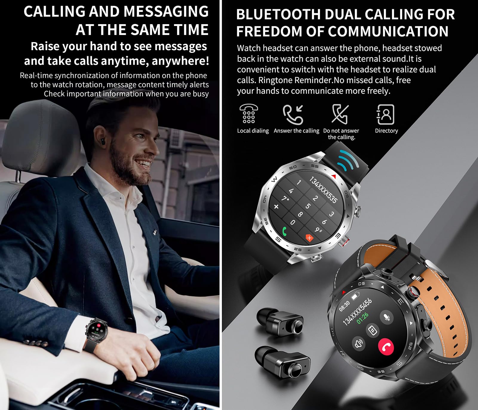 Smartwatch mit Bluetooth Kopfhörer 2 in 1, 1,52" Bildschirm Outdoor Sportuhr mit Telefonfunktion, Schrittzähler Herzfrequenz/Schlafüberwachung/Blutdruckmessung Smartwatch für Android iOS