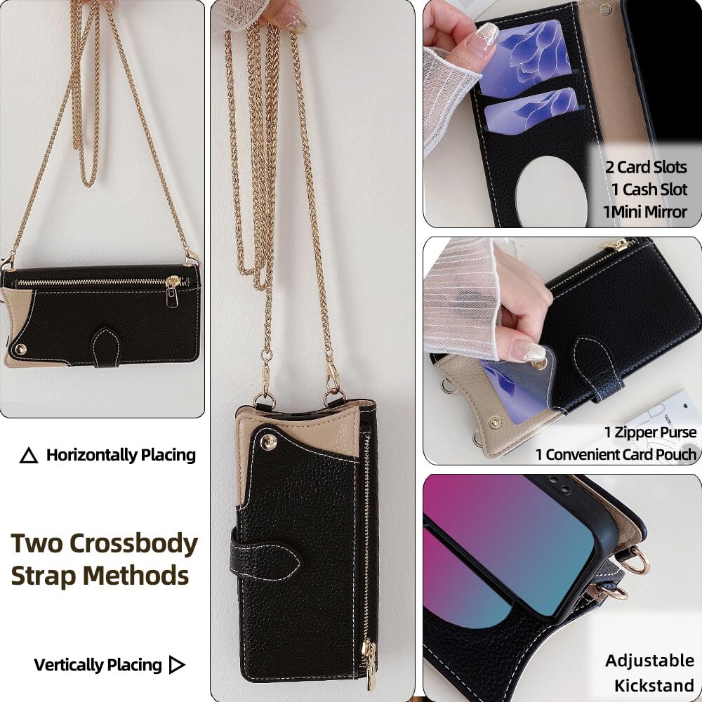 Generic Funda compatible con Samsung Galaxy A25 5G (color: negro), correa de cadena, cremallera, cartera de piel, con tapa trasera, espejo
