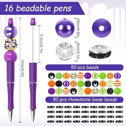 Miniatura 2 de Whaline 16 bolígrafos de cuentas de Halloween, color naranja, negro, morado, verde, con cuentas, bolígrafo de tinta de gel con 100 cuentas de