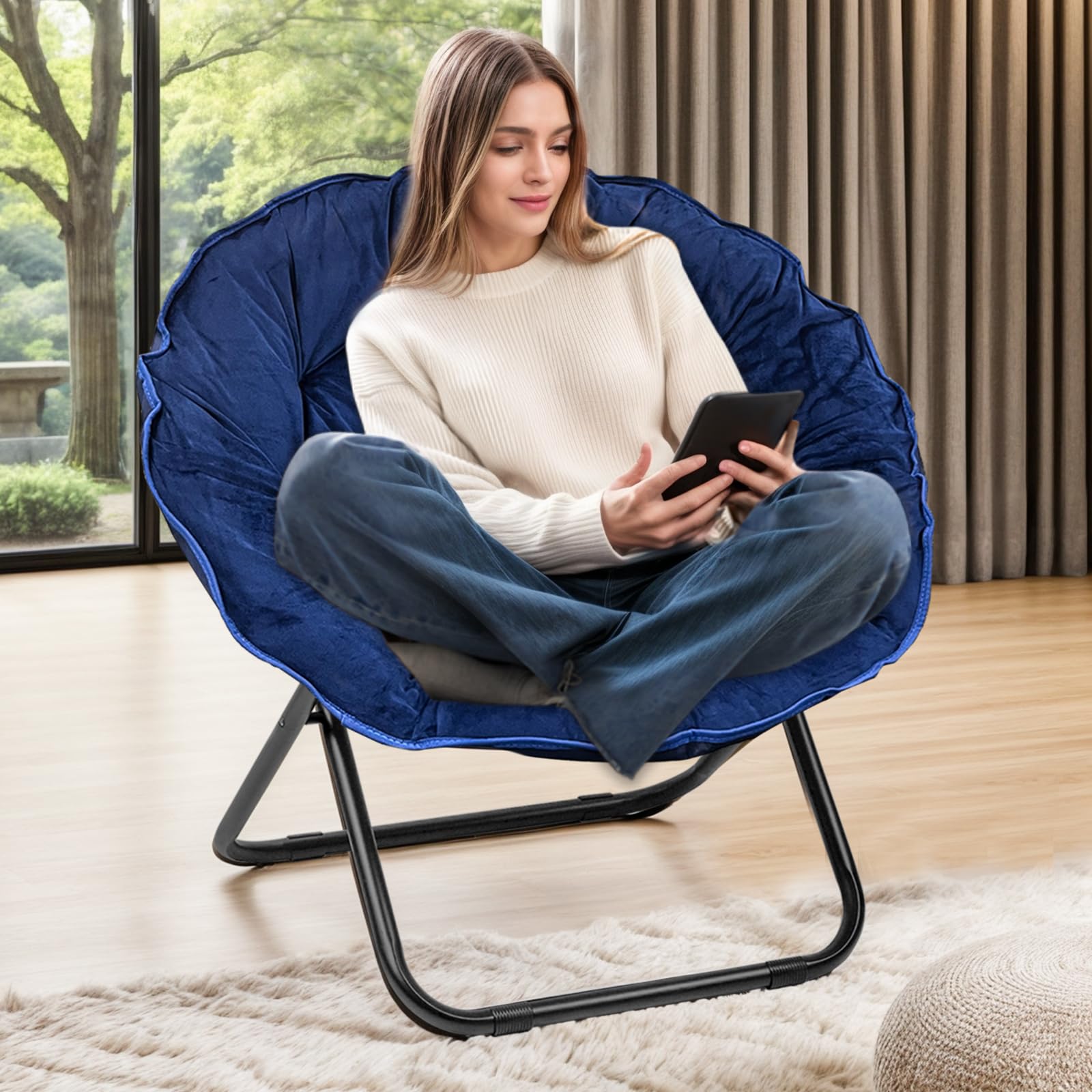 Folding Faux Fur Saucer Chair,Portable Folding Soft Moon Chair for Bedroom, Dorm Rooms, Apartments, Lounging, Garden, Blue