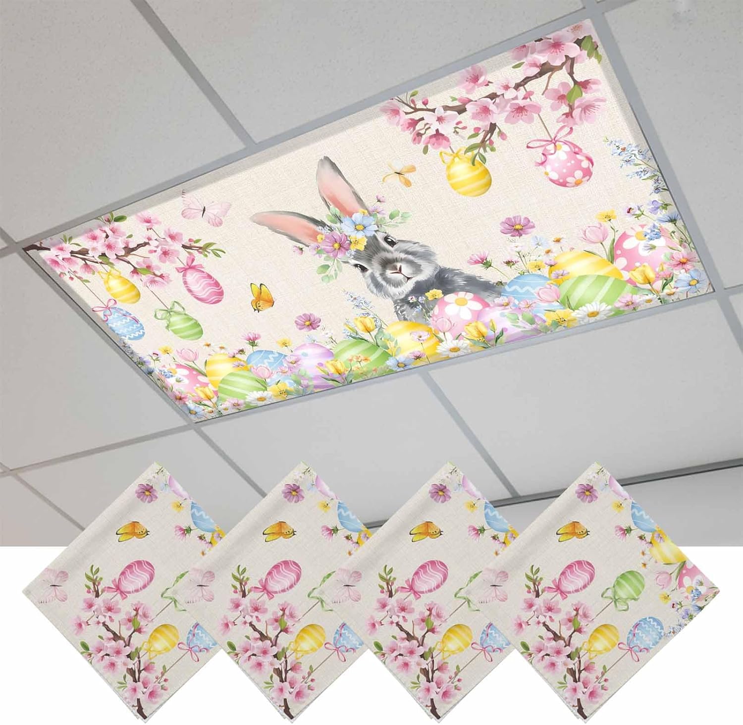 2x4 ft Fluorescent Light Cover for Ceiling Easter Egg Gray Bunny Floral Magnetic Light Filters, Country Vintage Linen Ceiling Lampshades for Home School Office 4Pcs