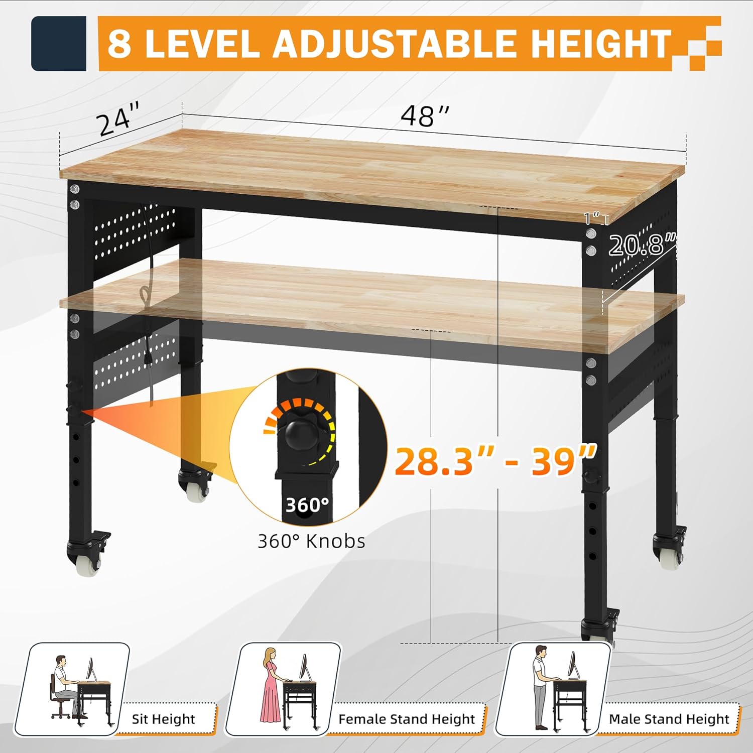 48" Adjustable Heavy Duty Workbench with Power Outlets & Pegboard, 2000 LBS Capacity Rubber Wood Top Work Table for Garage, Workshop, Home & Commercial
