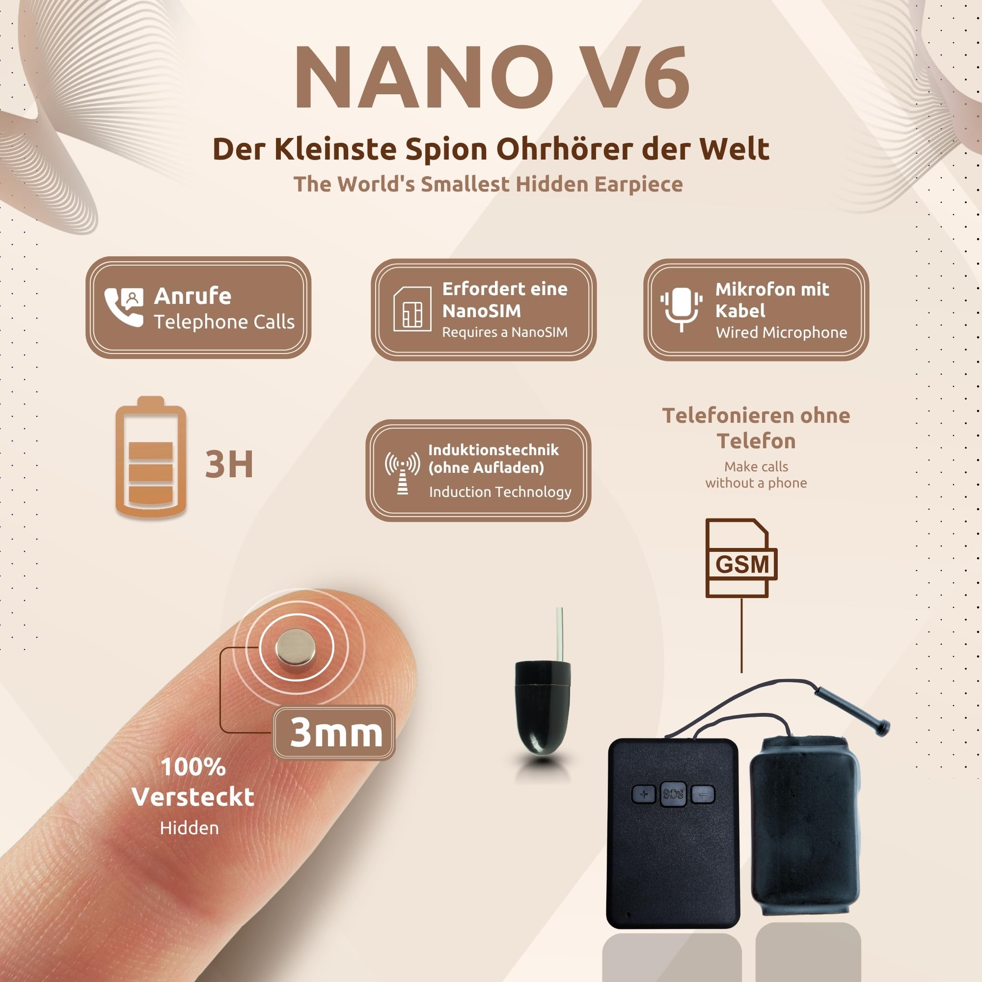 SpionageKopfhörer für Prüfung GSM Mini Unsichtbare Kopfhörer Nano SIM-Karte Mikrofon Kabellos Headset Spy Earpiece Nano V6 VIP Pro UltraMini