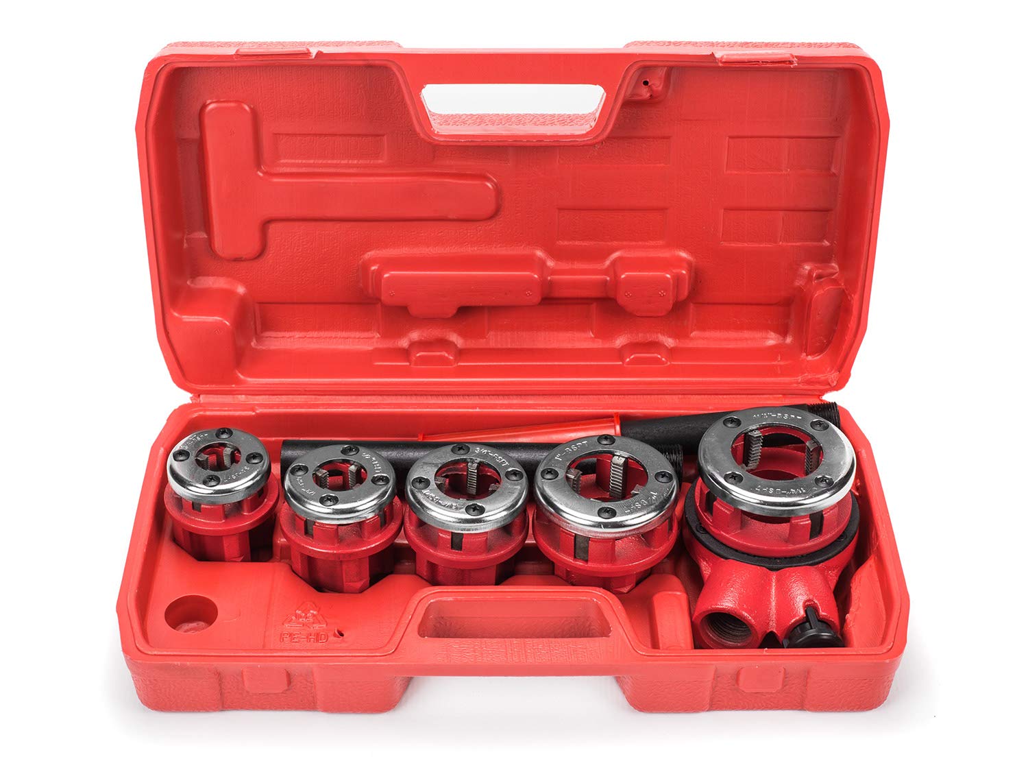 Set per Filettatura per Tubi | 5 Maschi 3/8", 1/2", 3/4", 1", 1 1/4" | Chiave a Cricchetto | Prolunga | con Valigetta