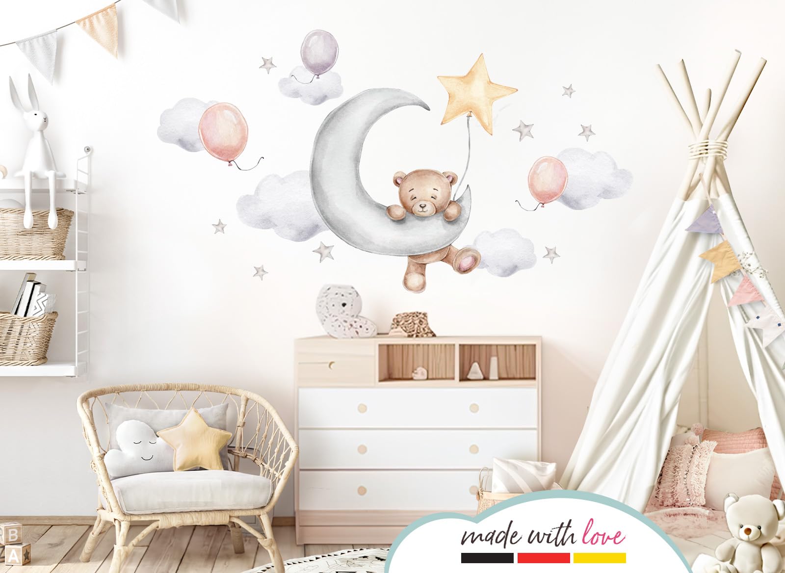 Little Deco Naklejka na ścianę niedźwiedź na księżycu z balonami tatuaż ścienny do pokoju niemowlęcego miś gwiazdy naklejka ścienna do pokoju dziecięcego dekoracja DL829-4