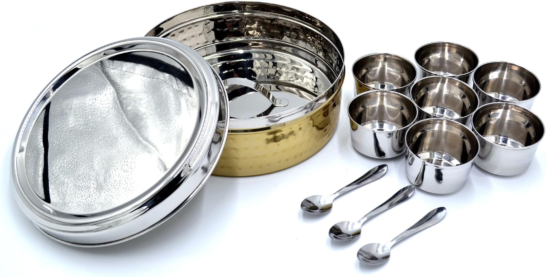 Winsor Spice Box Hammerd and Gold Finish Container | Masala Dabba With 11 Compartments, Indian Masala Dabba with Lid