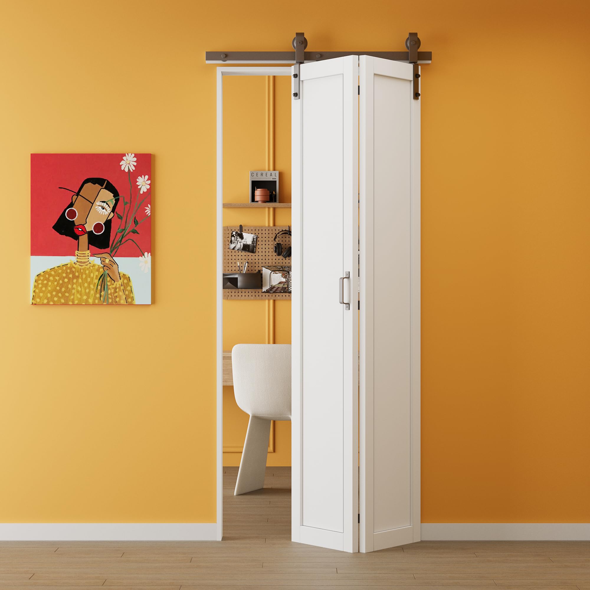 Bifold Barn Doors 36" (18" x 2) x 84" with Hardware Kit & Handle, MDF Panel Closet Pantry Door Interior Sliding Folding Door, Solid Wood Barn Door PVC Surface Easy Assembly, White