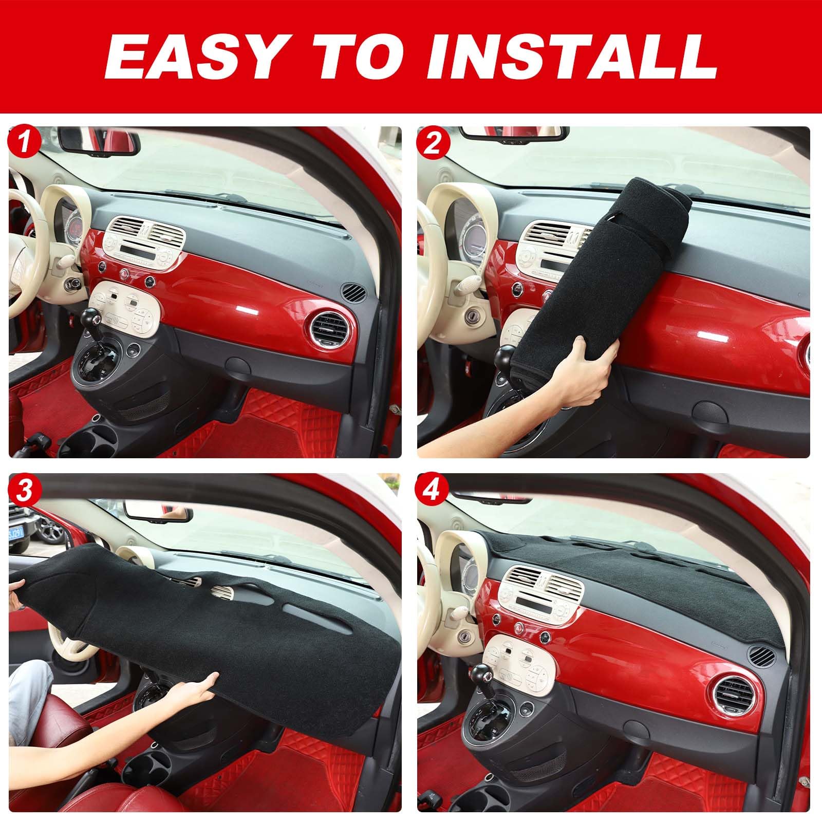 Tappetino protettivo per cruscotto compatibile con Fiat 500 2008-2023 - Fodera antiscivolo anti-UV, protezione solare (nero, guida a sinistra)