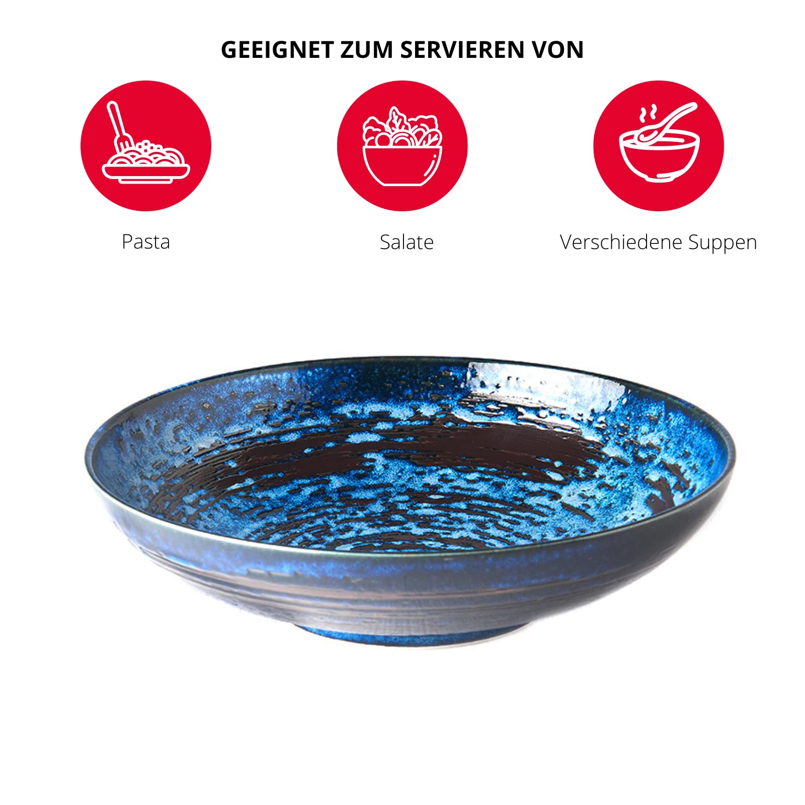 MIJ Europe Insalatiera in ceramica, ciotola per la pasta, blu e nero, rame Swirl, diametro 29 cm, 1500 ml, 1 pezzo, per zuppe di frutta, insalate risotto pasta Udon Pho asiatica