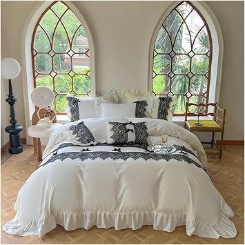 Bed, White French Vintage Princess Style Bedding Set Black Lace Patchwork Embroidery Ruffles Duvet Cover Set Bed Sheet Pillowcases