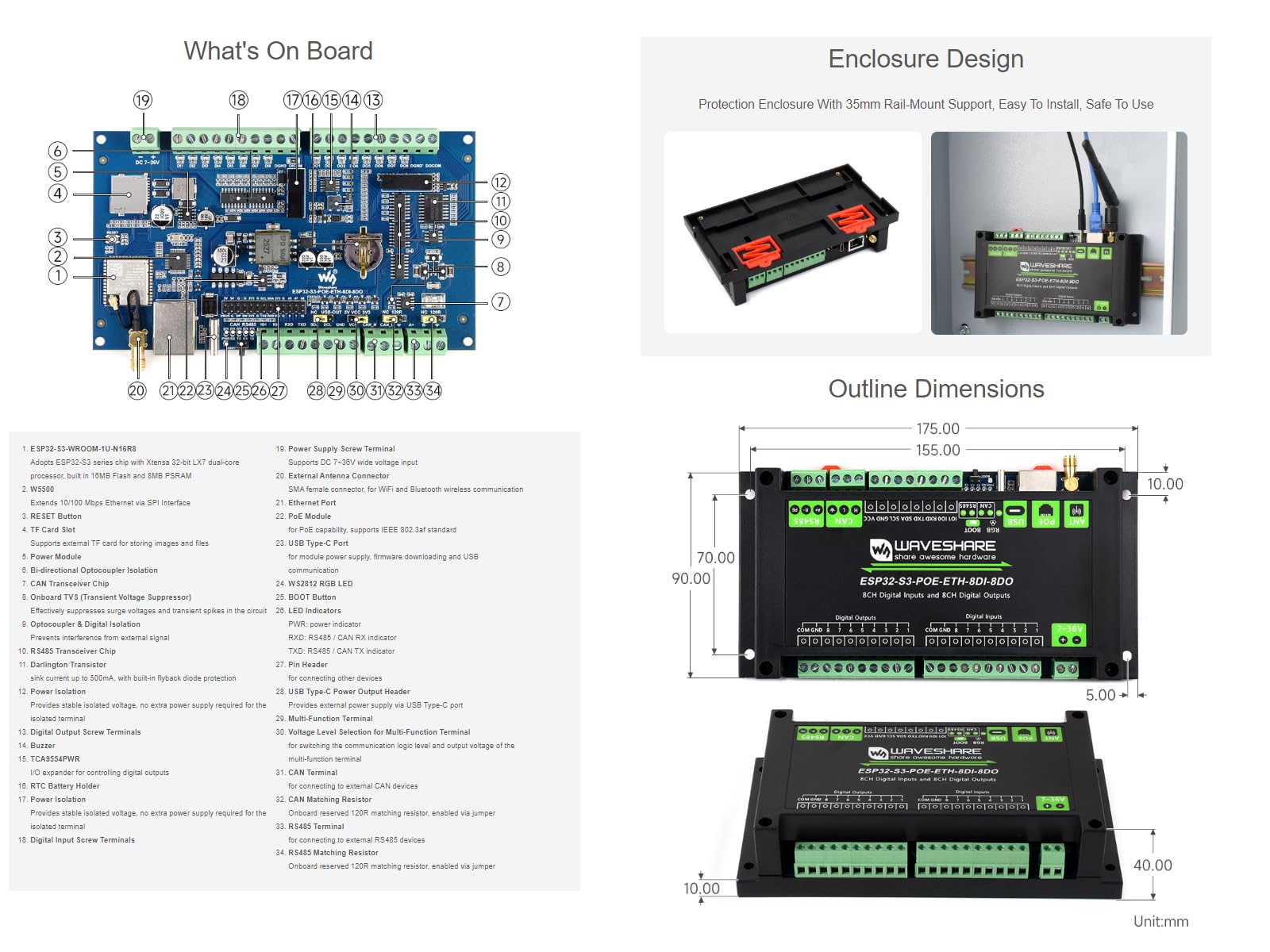Waveshare Industrial ESP32-S3 8-Channel Control Board Digital Input/Output Controller Supports WiFi/Bluetooth / RS485 / Can/Ethernet Port