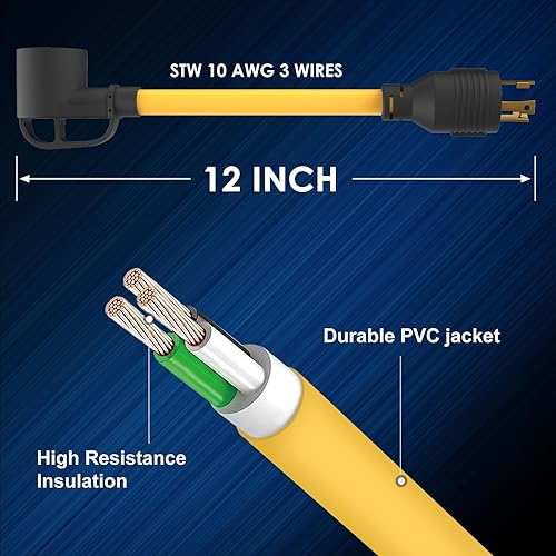 Miniatura 5 de Adaptador de generador a RV de 30 amperios de servicio pesado L5-30P Twist Lock macho a TT-30R hembra, 1 pie resistente STW 10 AWG para generador a