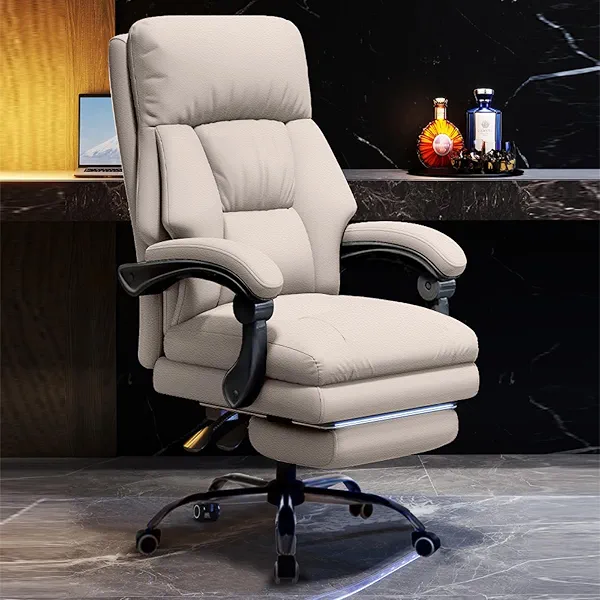 SJZNOI Office Chair with Retractable Footrest Comfortable Executive Desk Chair, Heavy-Duty Ergonomic Leather Chair, Adjustable Height Computer Gaming Chairs for Home Office