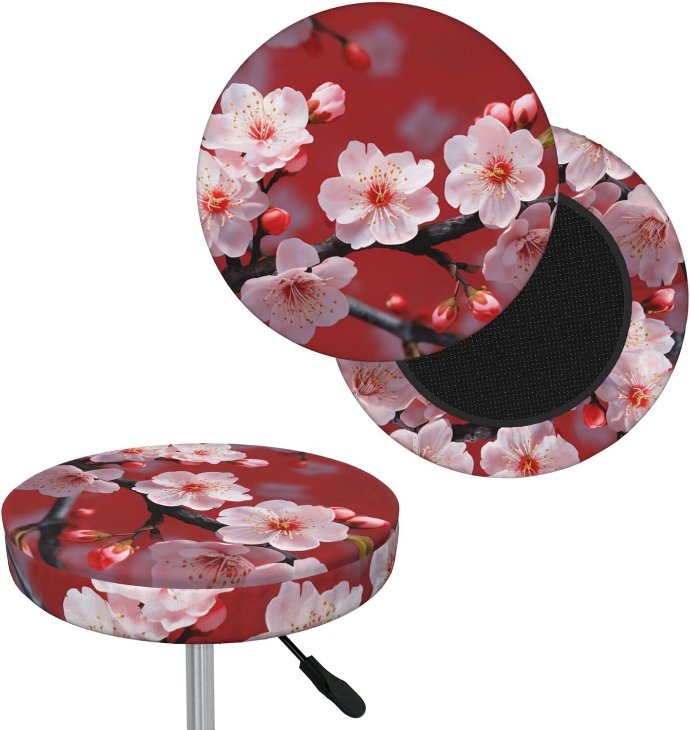 Bar Stool Cover Round Elastic Stool Cushion Covers Peach Plum Blossom Bar Chair Cover Washable Stool Cushion Slipcover Stretch Stool Seat Covers for 12-14 Inch Chair