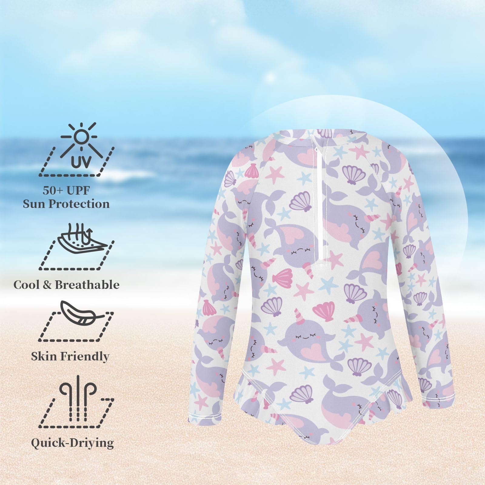 susiyo Cute Narwhal Girls Long Sleeve One Piece Swimsuits Rash Guard Bathing Suit UPF 50+ Zipper Girl Swimwear