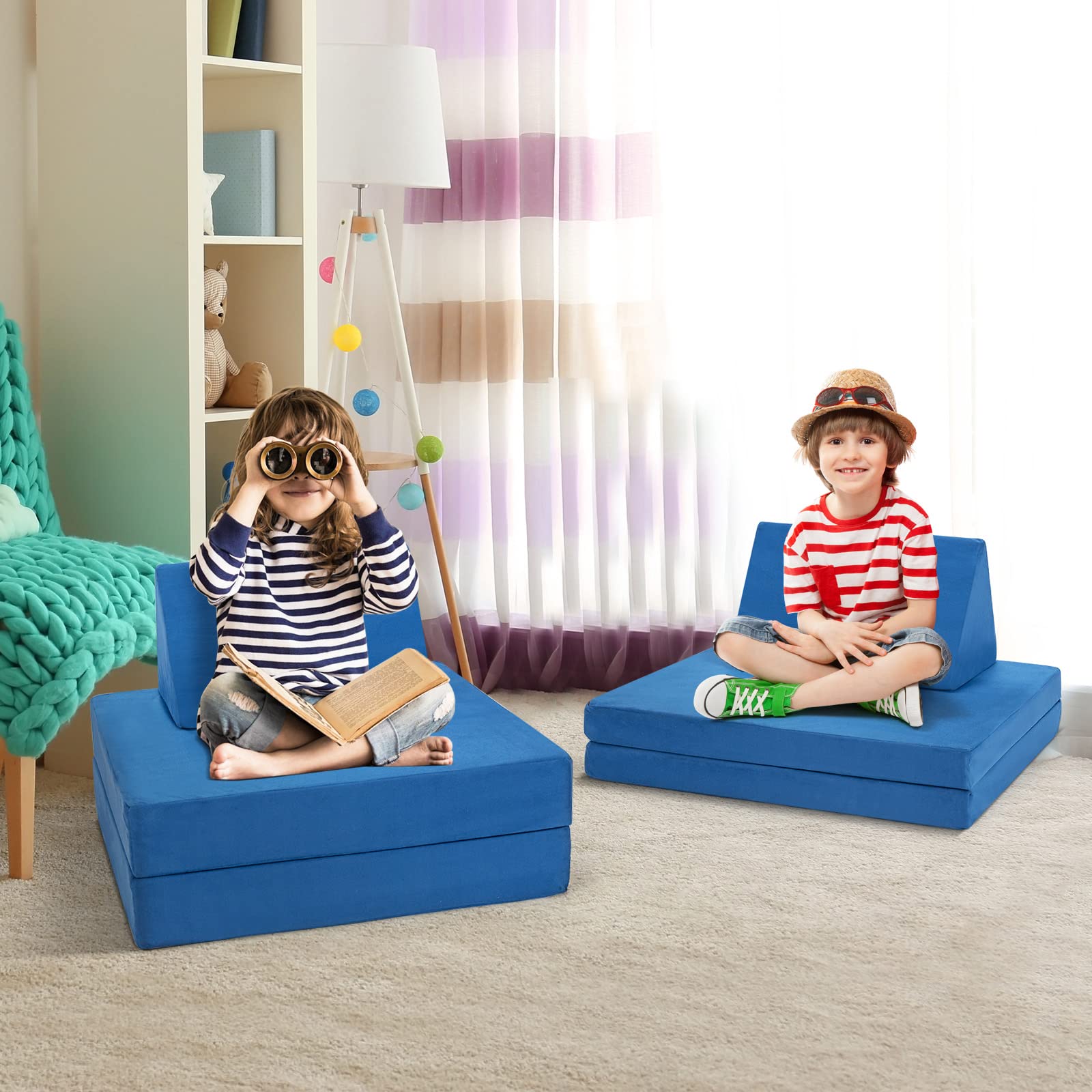 Modułowy zestaw sofy do zabawy dla dzieci – 4-częściowy miękki kanapa ze składanymi matami i 2 poduszkami zmywalny pokrowiec rozkładana sofa łóżko do pokoju zabaw i zajęć w pokoju dziecięcym