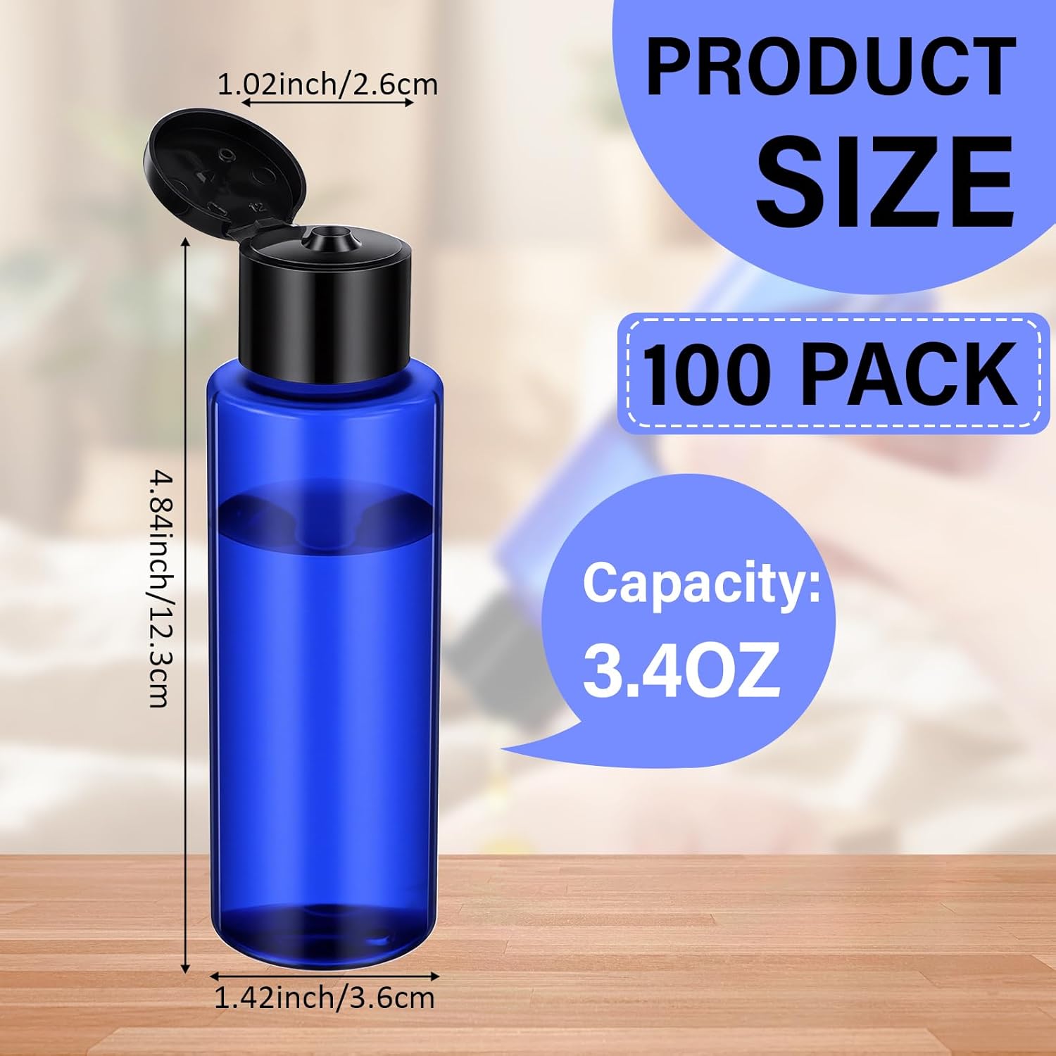 Gisafai 100 Pack Travel Bottles for Toiletries 3.4 oz Travel Size Squeeze Containers Bulk for Shampoo Plastic Empty Hand Sanitizer Bottles Sample Refillable with Lids for Shampoo Toner Lotions(Blue)