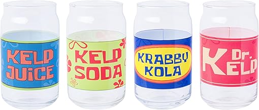 Silver Buffalo Spongebob Squarepants Soda Labels Kelp Juice, Kelp Soda, Krabby Kola, and Dr. Kelp 4 Pack Pint Can Glass Set, 16 Ounces