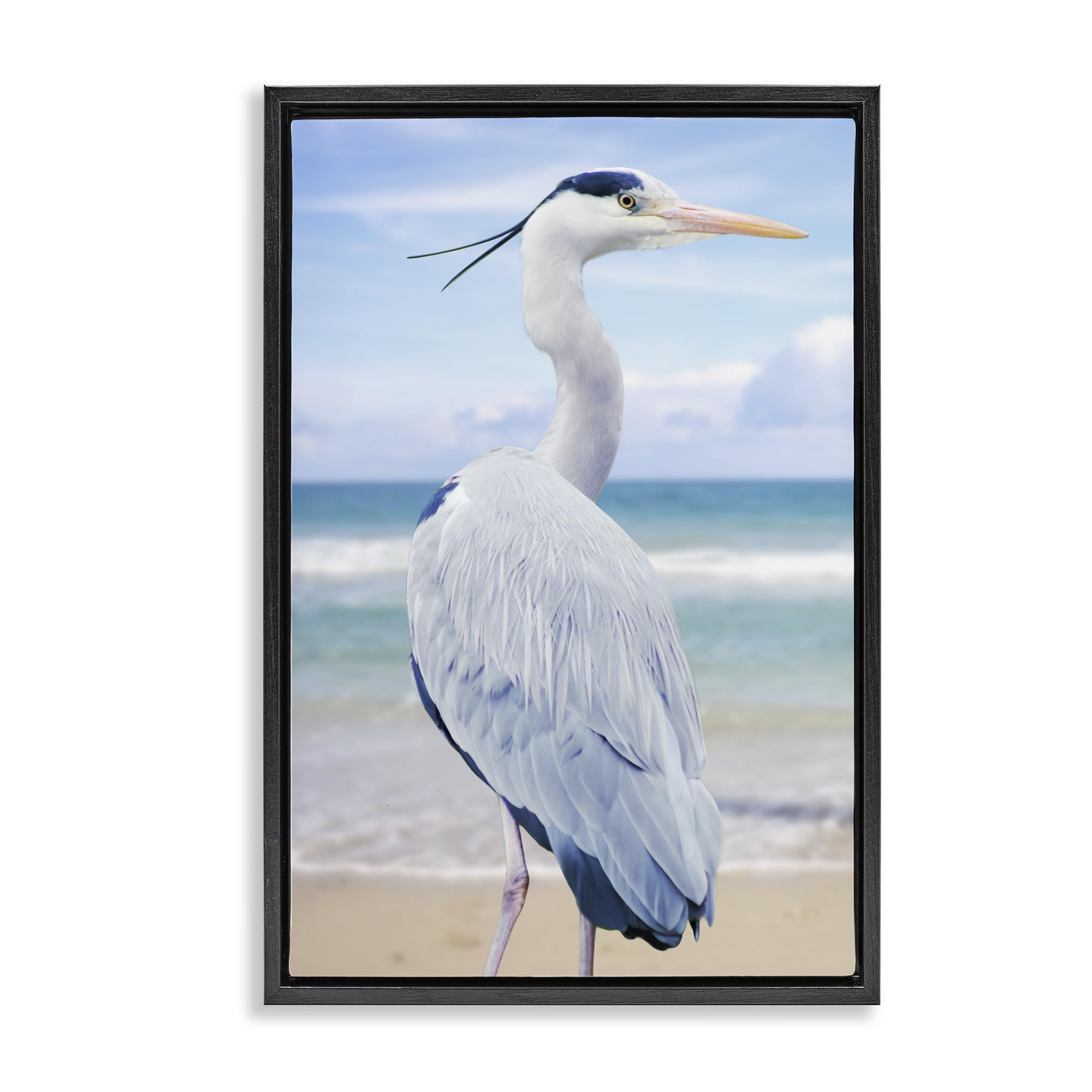 Stupell Industries 'Vacationing Heron by Seaside', Floating Frame Canvas Art, Black, 21 x 31 Inches, Easy to Hang and Sturdy, Made in USA, by Marcus Prime