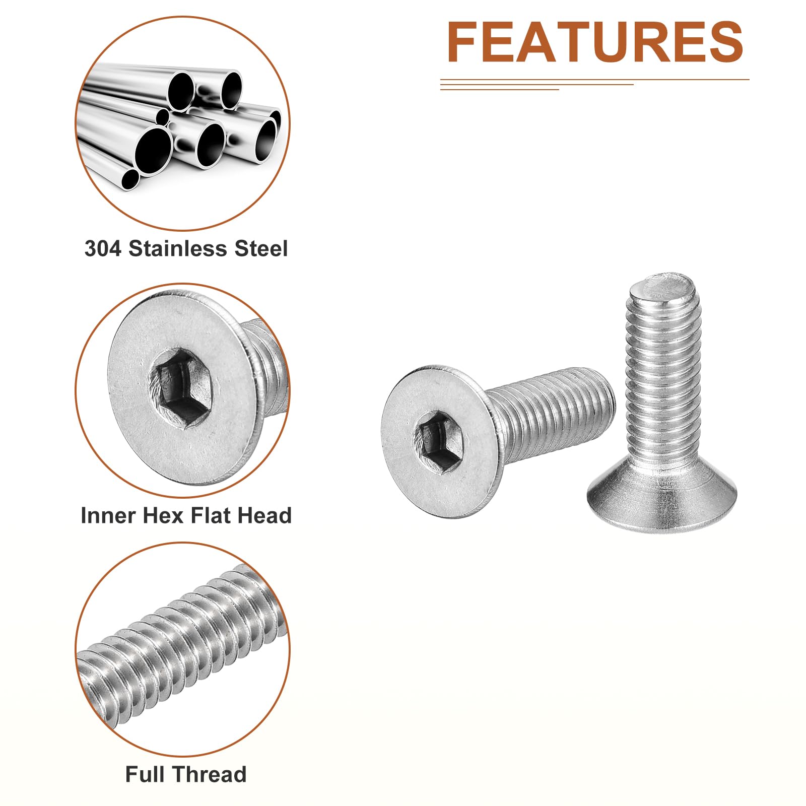 DTGN M5-0.8 x 16mm Flat Head Socket Cap Screws, 100 Pack 304 Stainless Steel Hex Socket Flat Head Screws, Full Thread - Image 4
