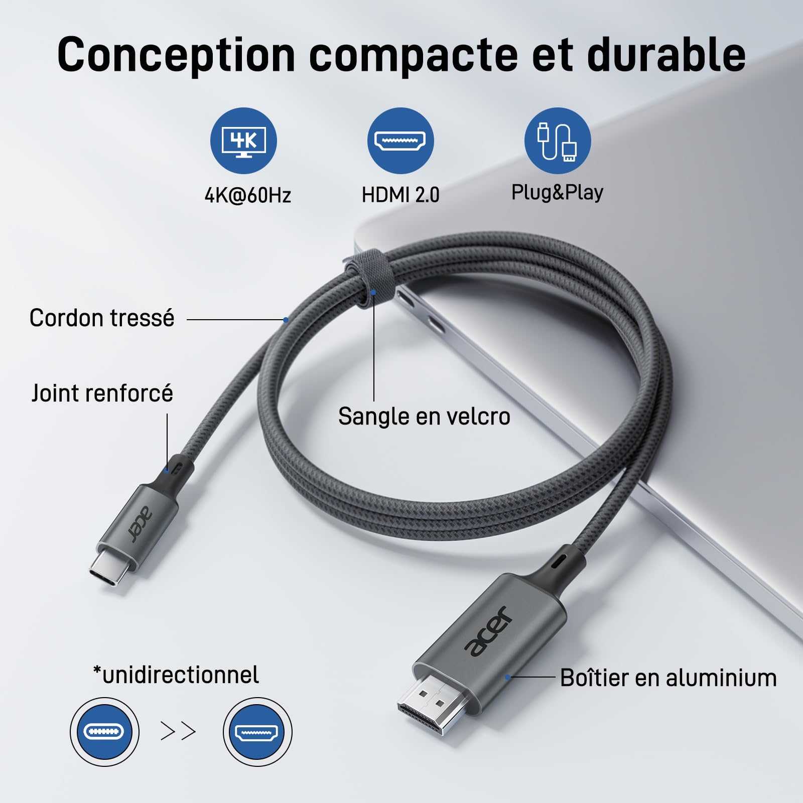 Acer Câble USB C vers HDMI 4K@60Hz, Cable Thunderbolt 4 3 Type C HDMI 2.0 Compatible avec iPhone 16 Plus Pro Max 15 MacBook Pro Air Surface Pro 10 iPad Pro Air Galaxy S24 Ultra 2M
