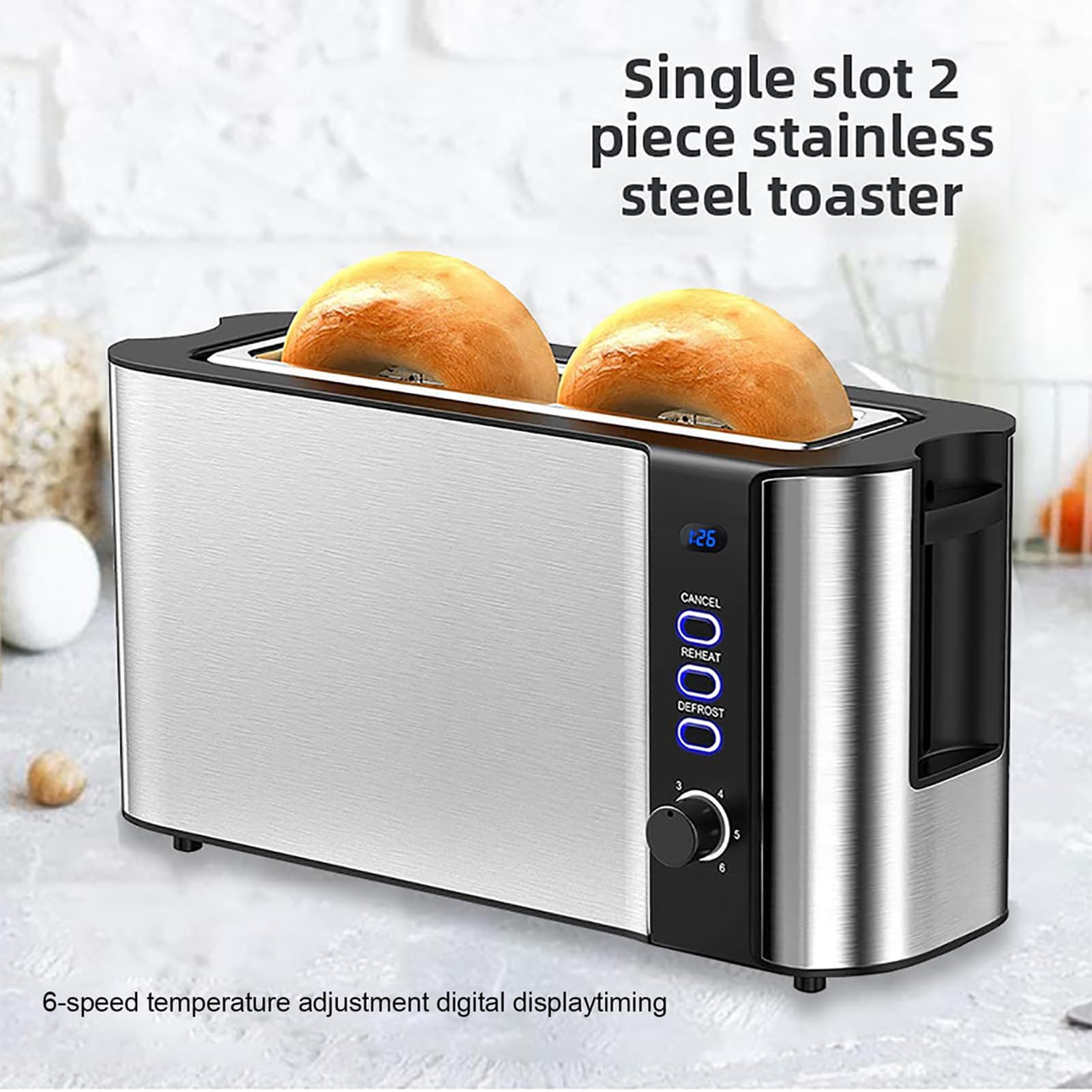 Toster Komercyjny 1000W, Toster Elektryczny z 6 Poziomami Opiekania i Wyświetlaczem Cyfrowym, Długa Pojedyncza Szczelina 42×260 mm z Funkcjami Rozmrażania/Podgrzewania/Anulowania do Kuchni