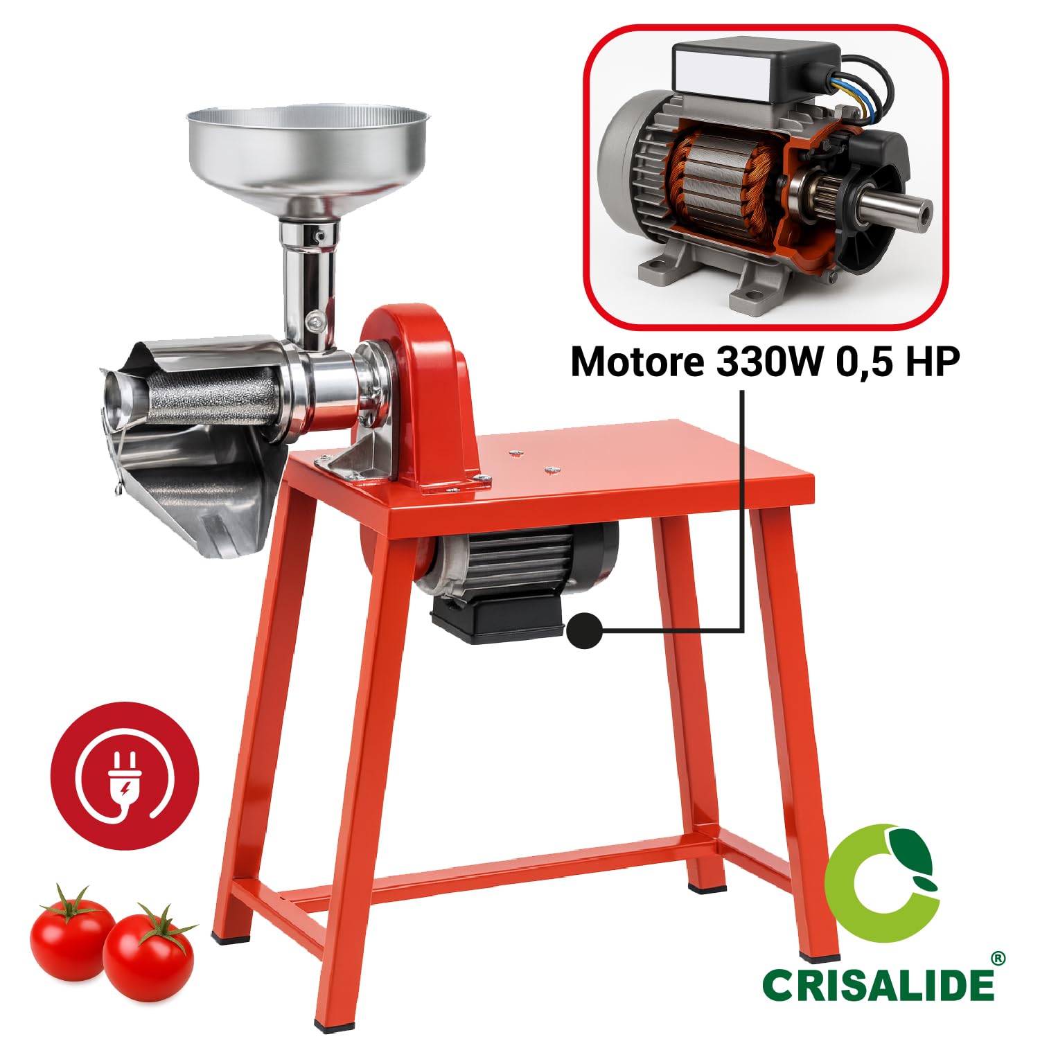 Crisalide® - Passapomodoro Elettrico N.5 Inox con Banco TS, Motore 330W 0,5 HP, Struttura in Alluminio Pressofuso, Filtro e Imbuto in Acciaio Inox, Trasmissione a Cinghia