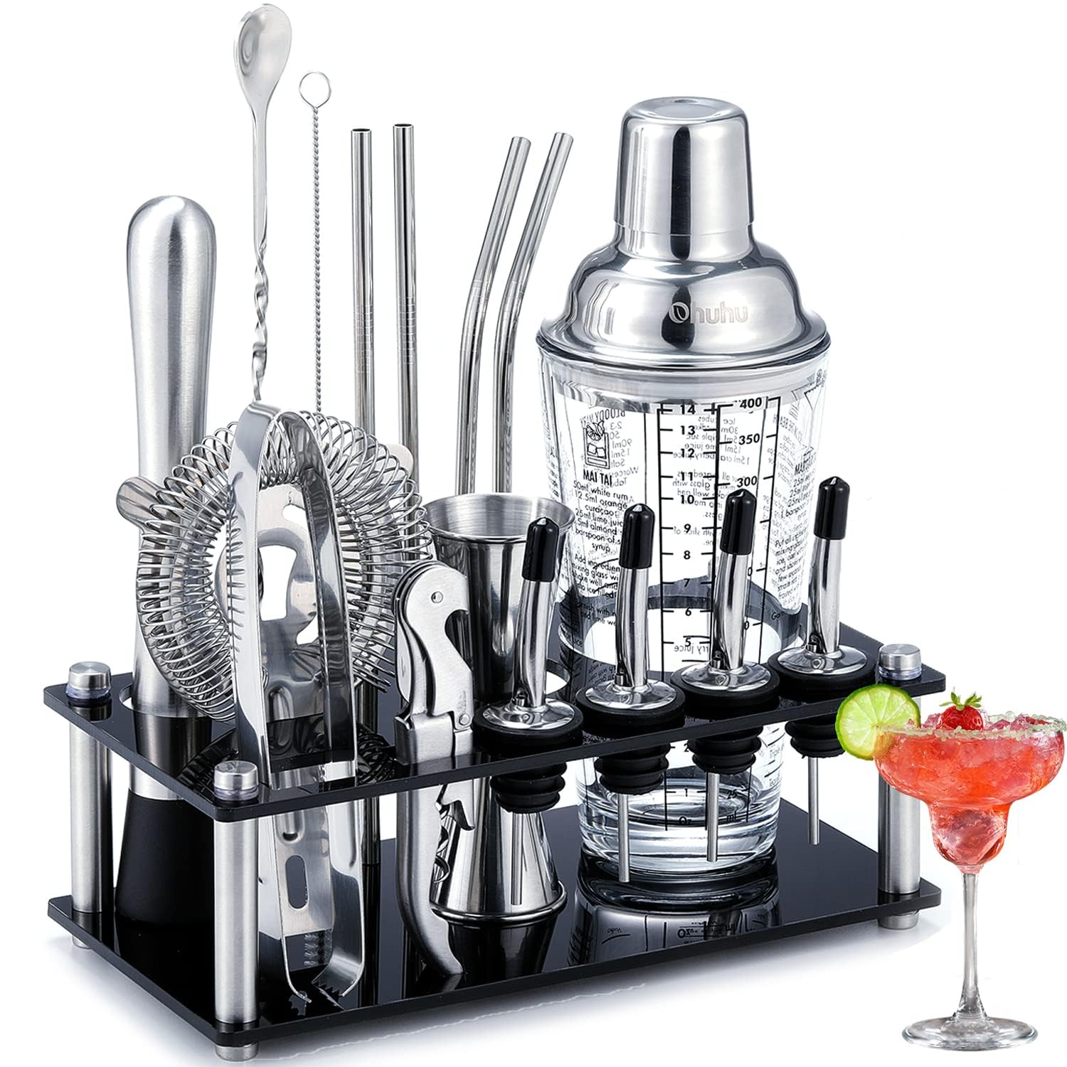 Cocktail Making Kit, Ohuhu 17 Piece Stainless Steel Cocktail Shaker with Acrylic Stand, Cocktail Accessories for Drinks, Cocktail Set for Home Bar Party, Gift for Christmas