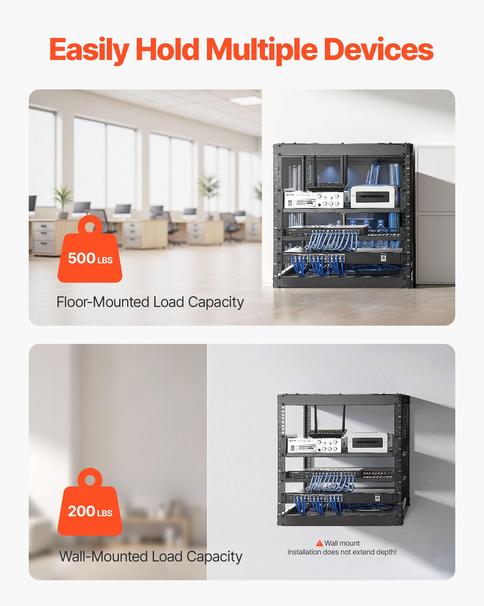 VEVOR 10U Server Rack in a floor-standing configuration, holding various network devices.