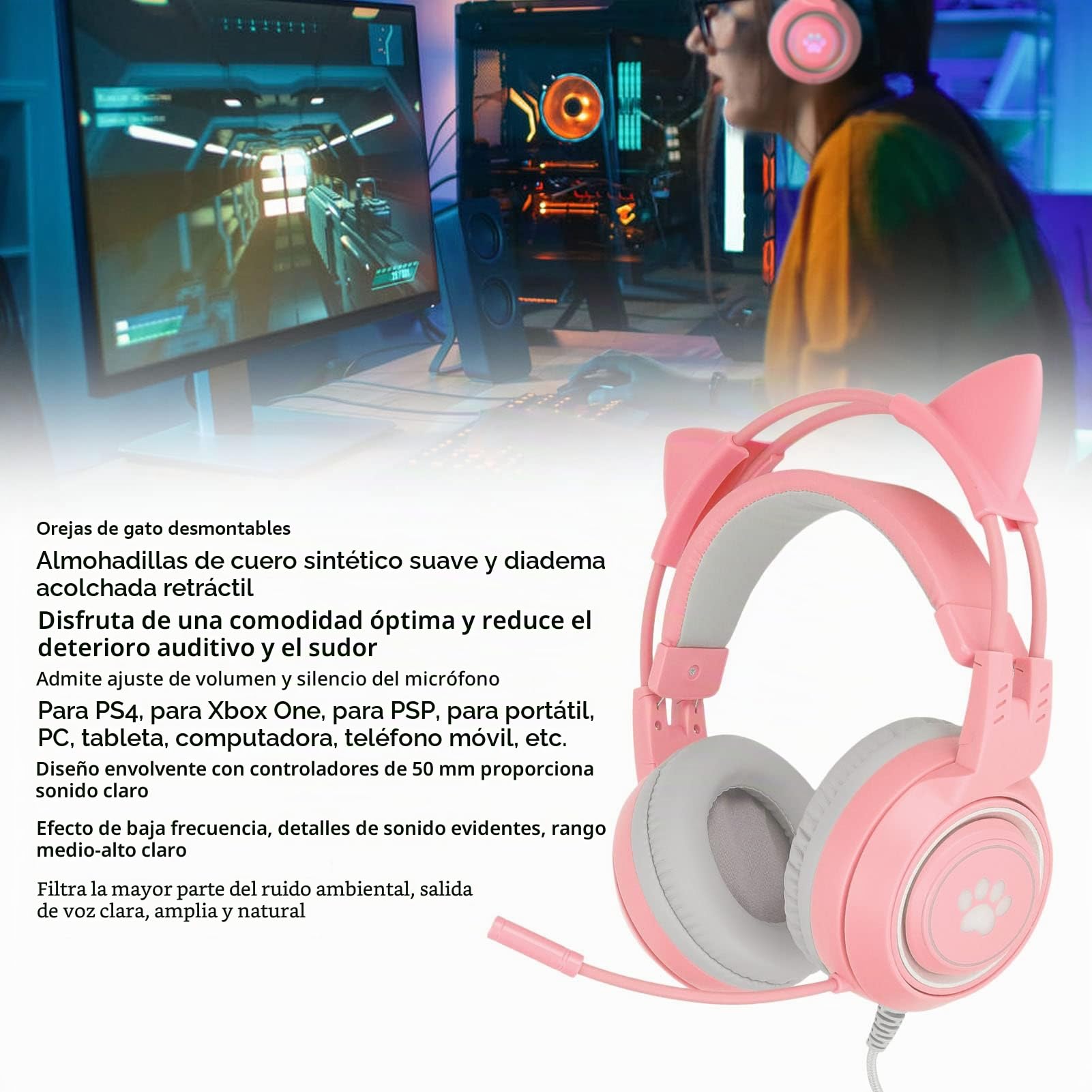 Elprico Auriculares para Juegos, Oreja de Gato Desmontable USB + Enchufe de 3,5 Mm Auriculares para Juegos Compatible con Ajuste de Volumen Micrófono Silenciado para PS4, para Xbox One(Rosa)