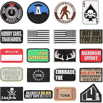 Morale Patches | Funny Military Hook & Loop Embroidered Patches for Backpacks, Collar and Vests 20-Pack