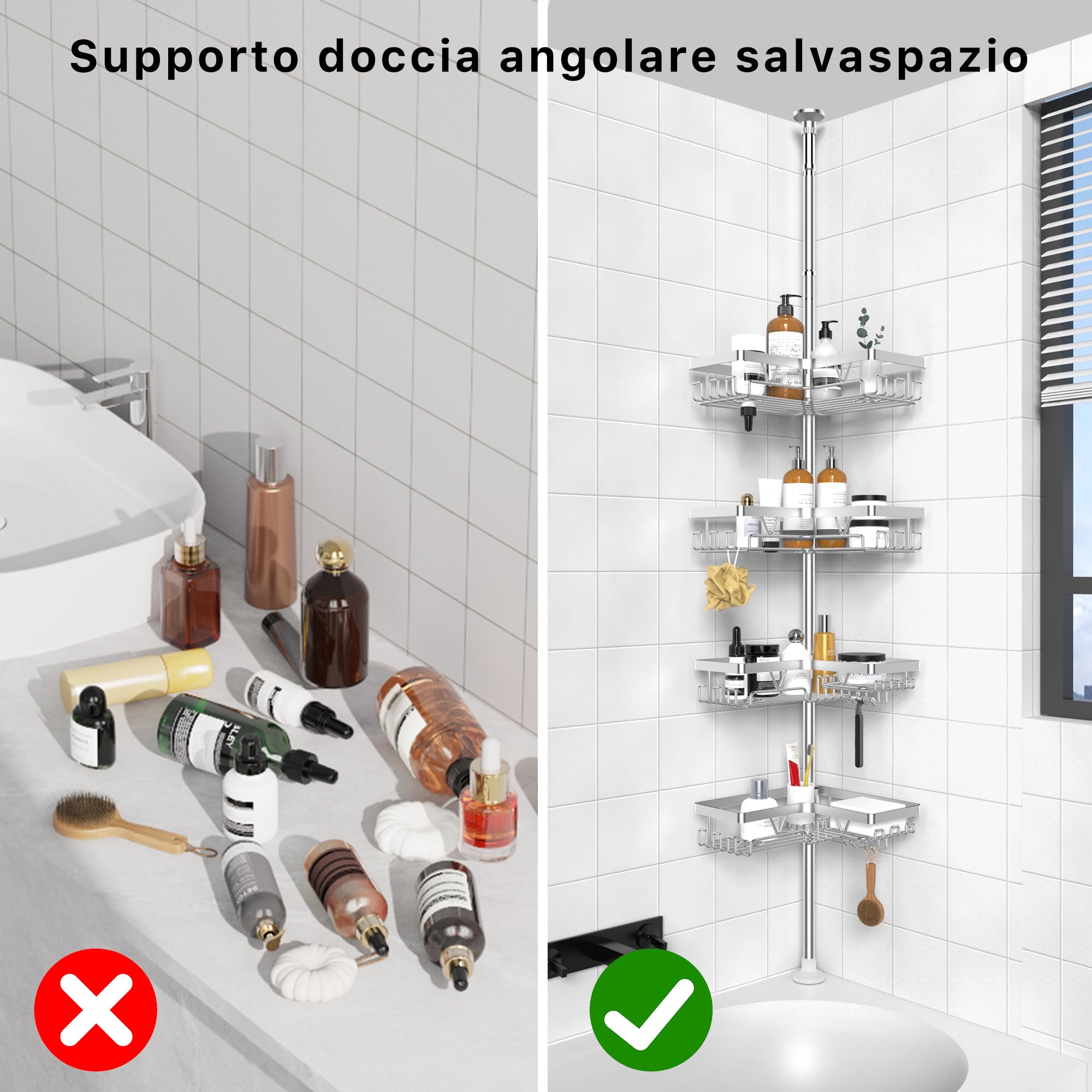 Kegii Telescopico Mensola Doccia - Mensola Bagno Angolare Porta Shampoo Doccia Argento Portaoggetti Doccia Acciaio Inox